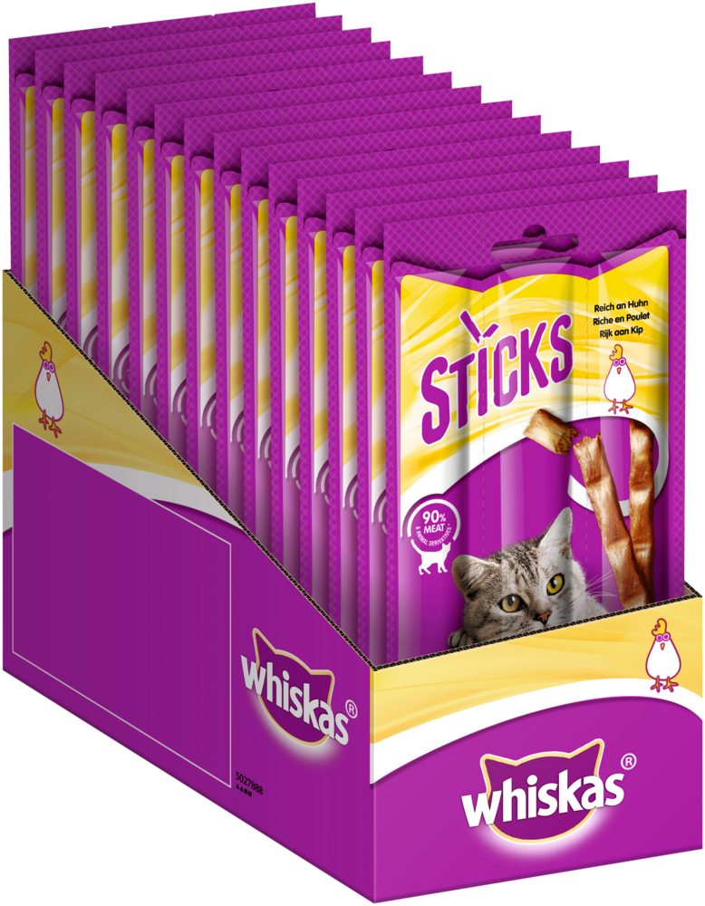 Whiskas WHISKAS® Sticks Packung Reich an Huhn 14 x 6 x 6g, Snack für: Katze