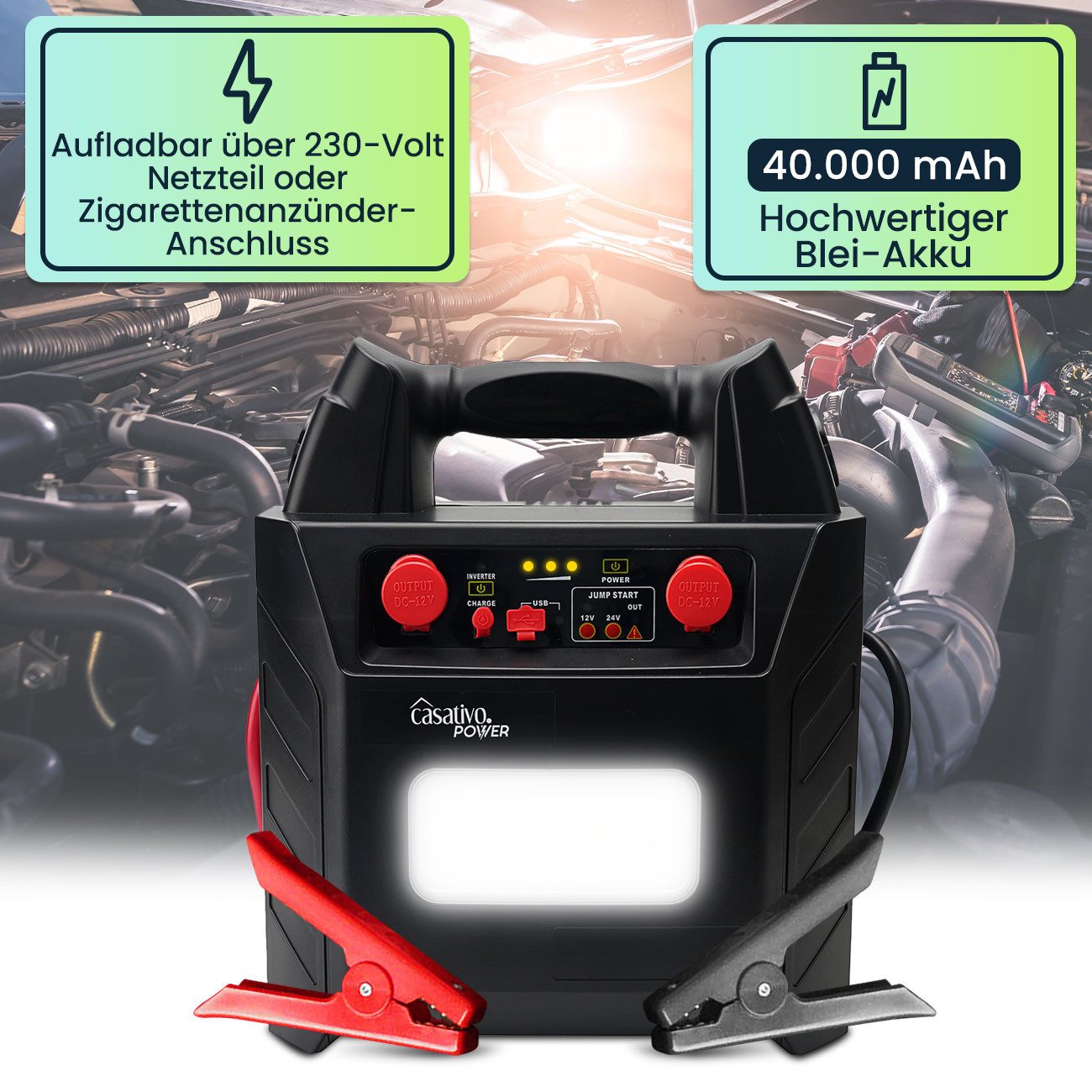Casativo 5-in-1 Pkw Starthilfegerät 2000A mit 40Ah Starthilfe Powerbank USB Autobatterie-Ladegerät (Starthilfe-Dauerstrom 600 A, Spitze 2.000 A, für 12/24-Volt- – Bild 3 von 5