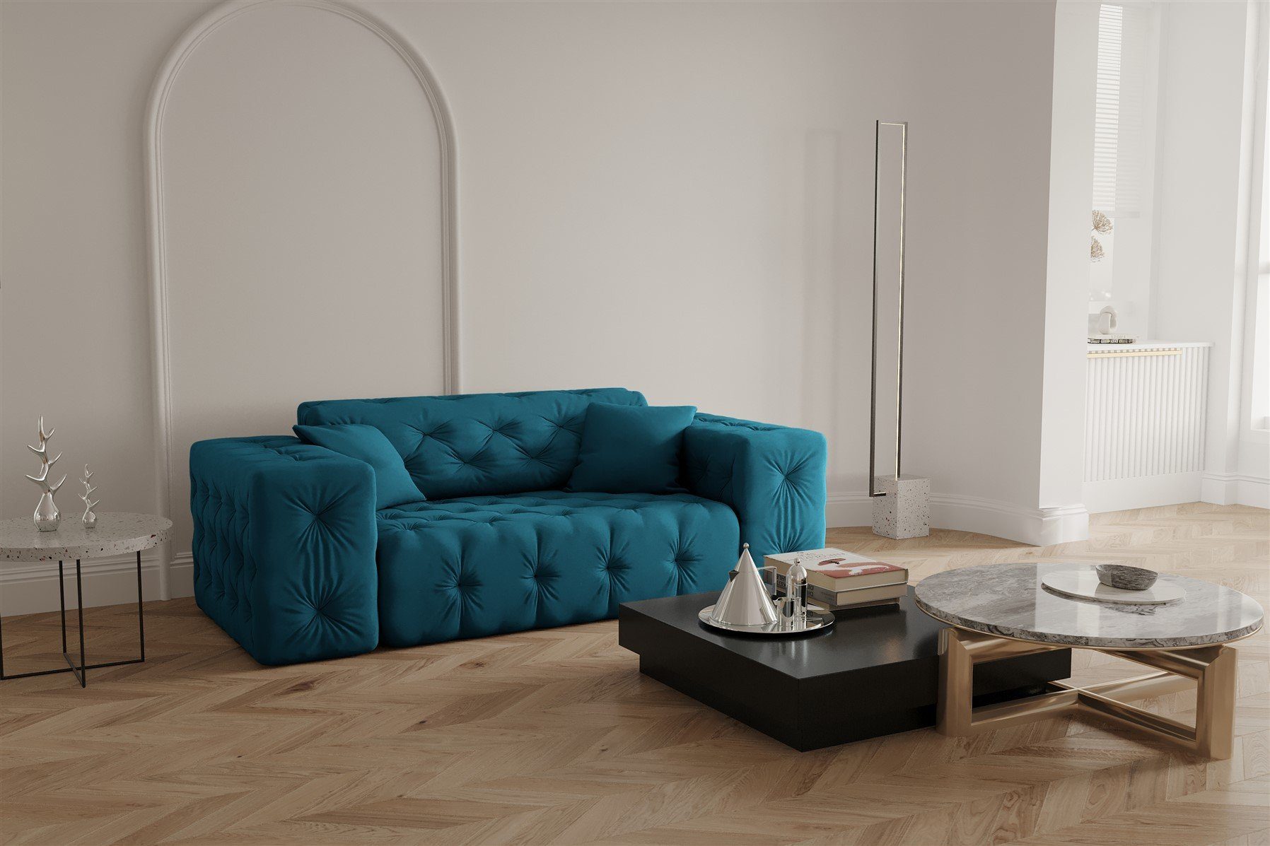 Fun Möbel Sofa Sofa Designersofa CHANTAL 2-Sitzer in Stoff Opera Velvet Ozeanblau