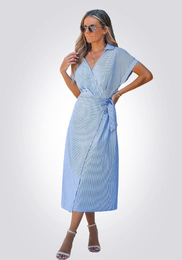 Cupshe Shirtkleid Blau-weißes Wickel-Hemdkleid mit Bindegürtel