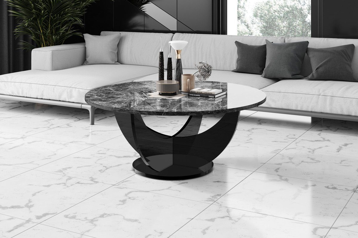 designimpex Couchtisch Design HRC-111 Hochglanz Wohnzimmertisch Rund Tisch 100 cm x 40 cm Marmor dunkel / Schwarz Hochglanz | Couchtische