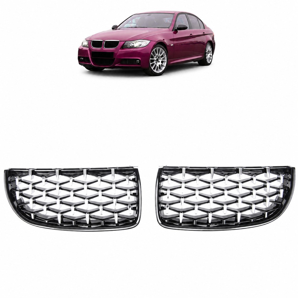 LLCTOOLS Frontstoßstange Kühlergrill Passend für BMW 3er E90 E91 05–08 Schwarz Chrom