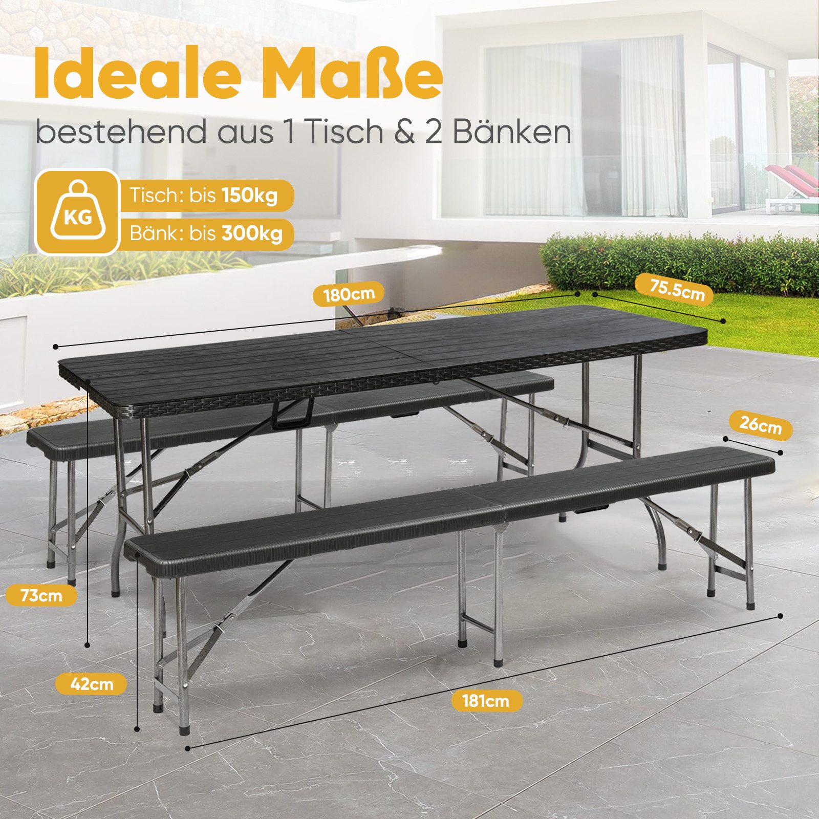 Sekey Bierzeltgarnitur Klappbar Bierzeltgarnitur 180cm Festzeltgarnitur Biertisch Set, 3-teilig, Tisch + 2 x Bierbank, Gartenmöbel Set – Bild 3 von 5