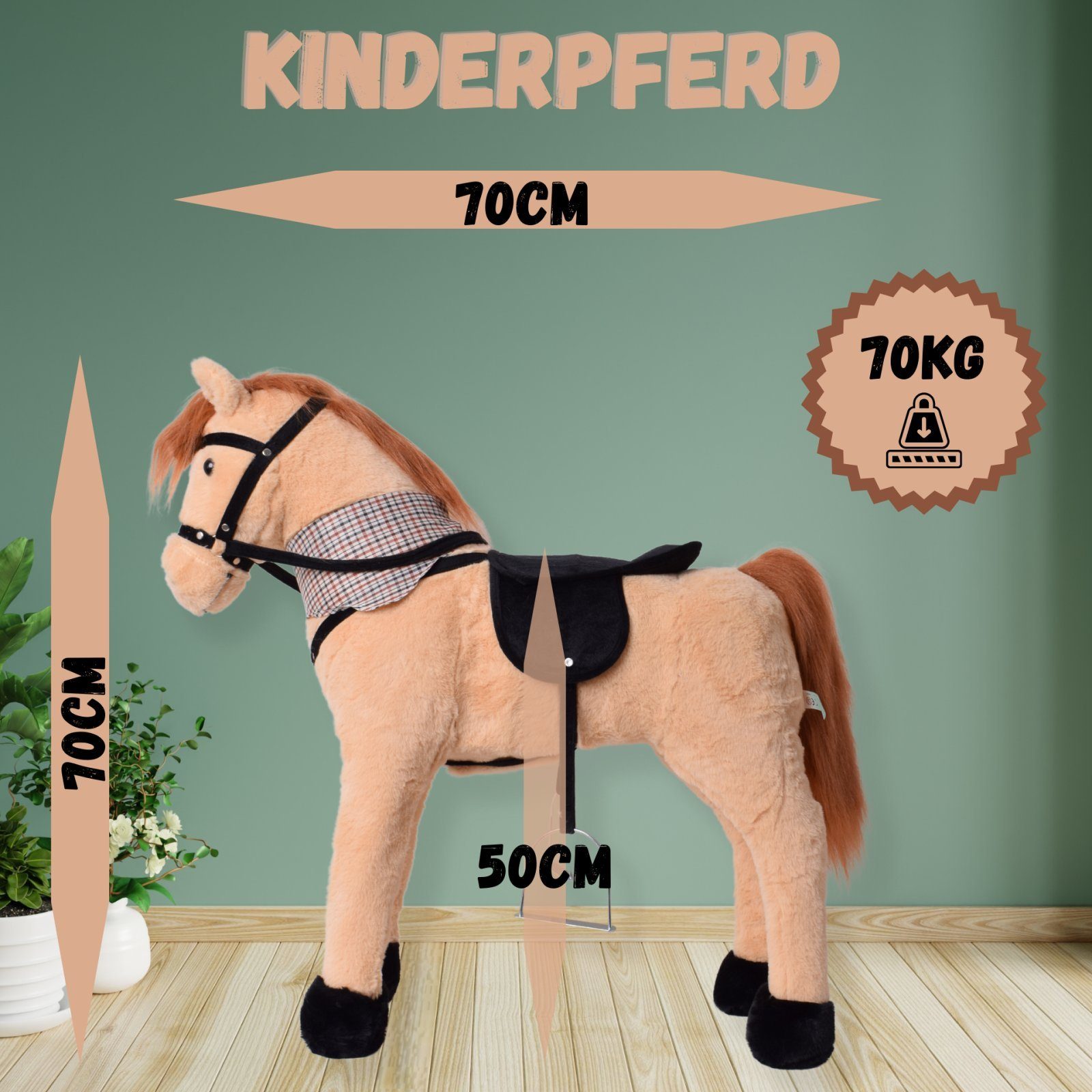 TE-Trend Reitpferd 70 cm Spielzeug Schaukelpferd Pferd zum Draufsitzen beige, mit Soundmodul