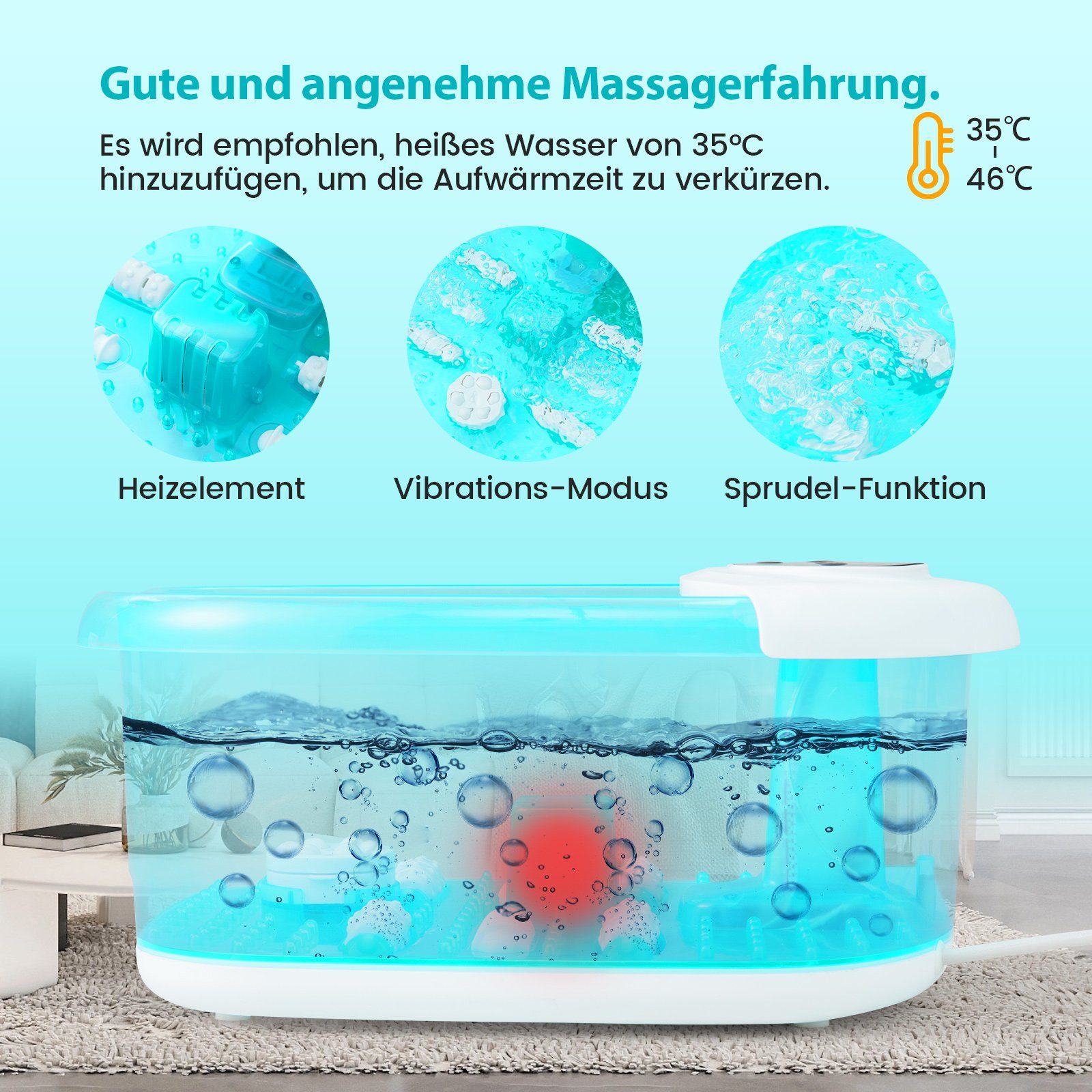 COSTWAY Fußbad, mit Heizfunktion, Vibration, Bubble, Bimsstein, Massagerollen