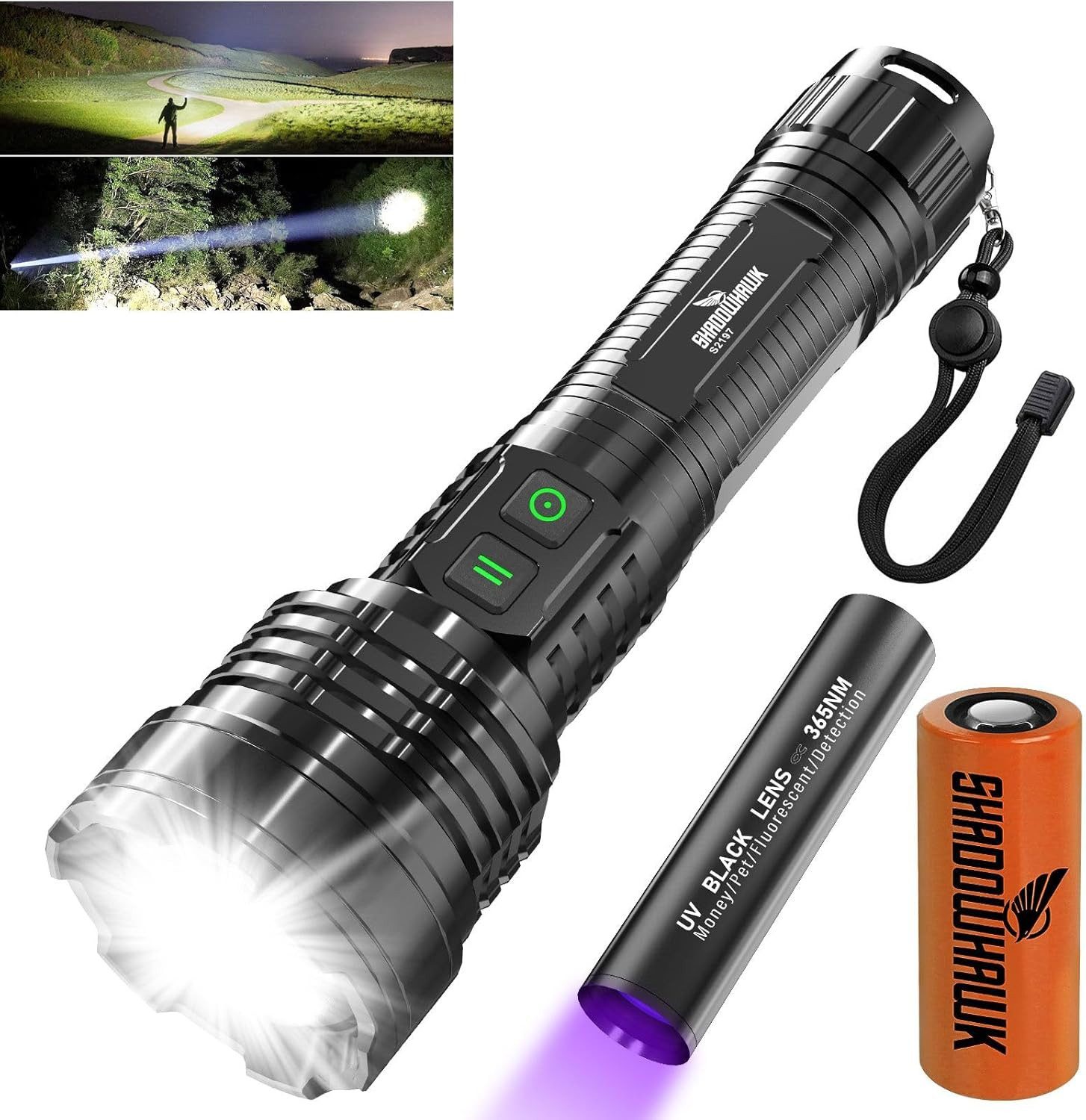 Shadowhawk LED Taschenlampe Taschenlampe Aufladbar Extrem Hell 500000 Lumen USB IP67 Outdoor Torch (Wiederaufladbares Карманный фонарик-Set mit UV-Licht und 5 Lichtmodi., Enthält LED-Taschenlampe, USB-Ladekabel, Akku und Bedienungsanleitung), Energieeffizient, dimmbar, stufenlos einstellbar, warmweißes Licht