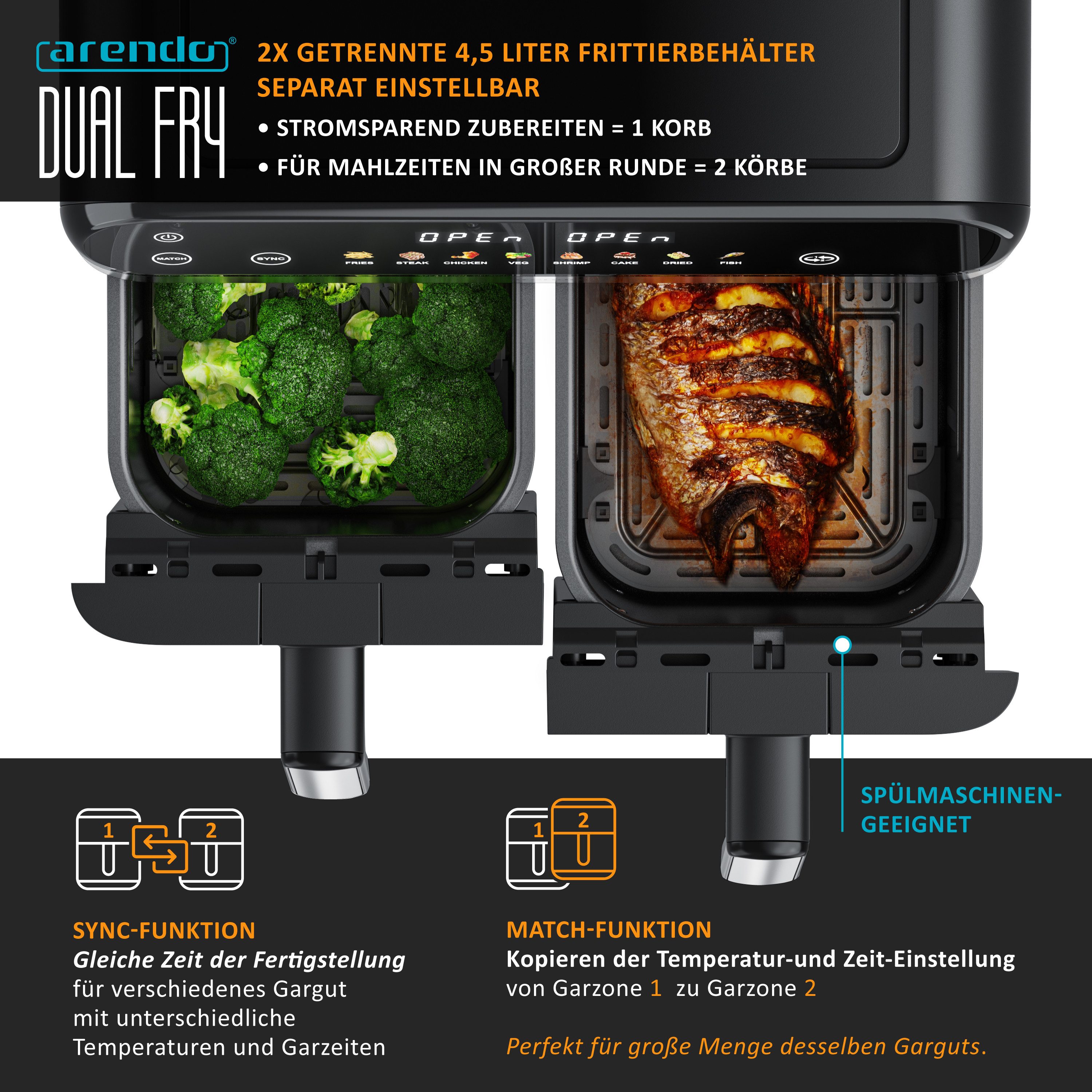 Arendo Heißluftfritteuse XXL Doppelkammer Airfryer 9L, Dual Zone, Backofen, Dörrautomat, 2400 W, mit Zubehör, Touchscreen, 3D Umluftsystem, fettarmes gesundes Kochen