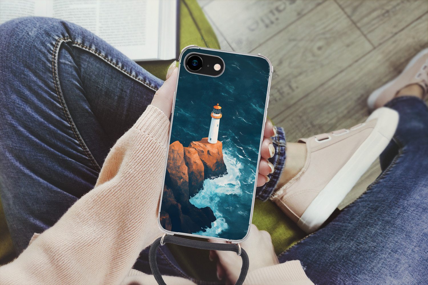 MuchoWow Handyhülle für Apple iPhone 8 Leuchtturm - Felsen - Meer - Wellen, Tragbare Handyhüllen mit Kette zum umhängen, Handykette Handyband