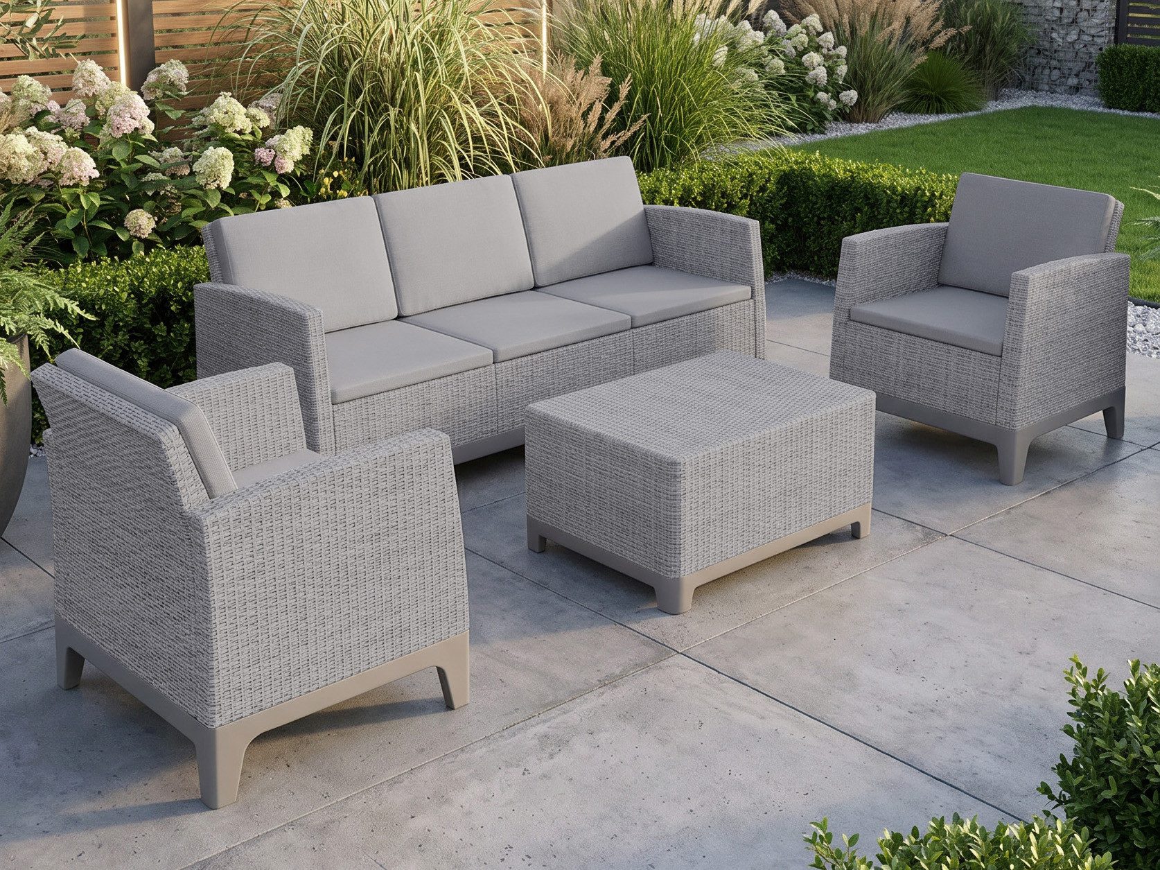 Beautysofa Gartenlounge-Set NORRIN Gartenmöbel, (regenbeständig, werkzeuglose CLICK-Montage, 5-tlg., 3-Sitzer Sofa + 2 Sessel + 2-in-1 Tisch mit Stauraum), wetterfest, UV-beständig