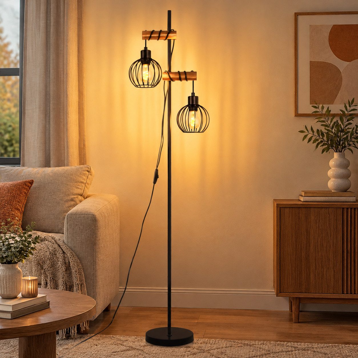 Nettlife Stehlampe Schwarz 2-Flammig 145cm E14/E27 Stehleuchte Vintage Metall Industrial, ohne Leuchtmittel, 22*22*152cm,Fußschalter Leselampe Retro für Schlafzimmer Wohnzimmer