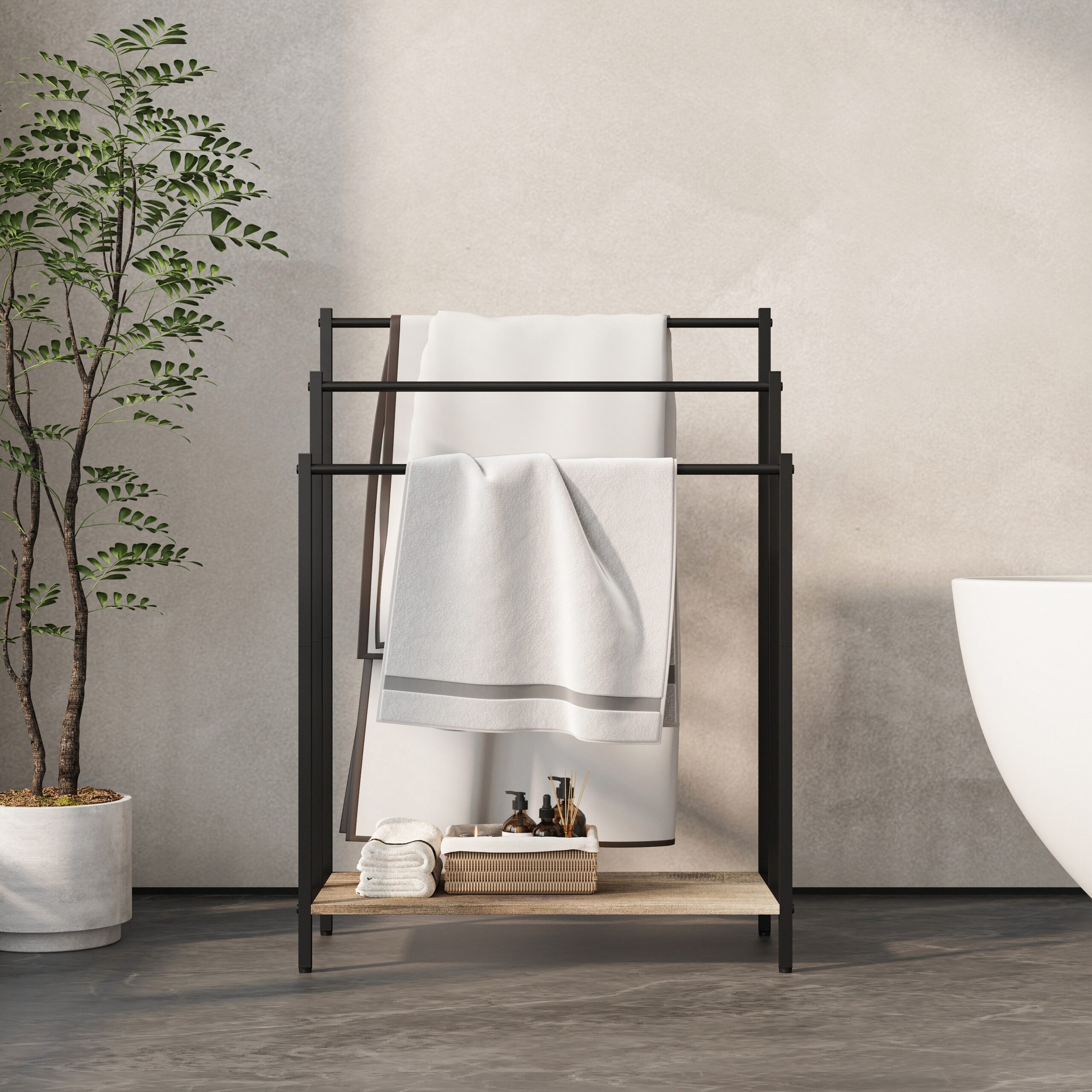 relaxdays Handtuchständer mit Ablage, Holzoptik-Schwarz, L