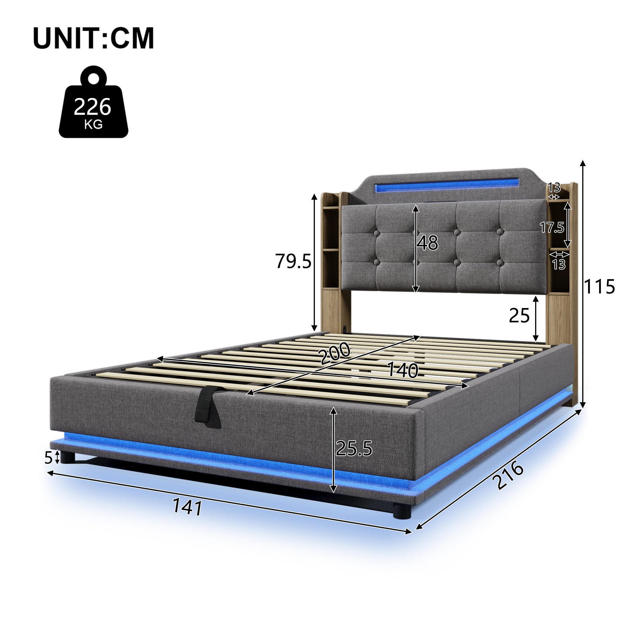 Ulife Polsterbett Hydraulisches Stauraumbett, Jugendbett mit LED-Lichtleist günstig online kaufen