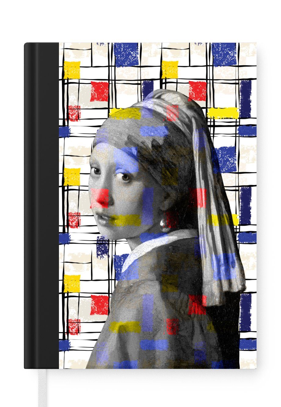 MuchoWow Notizbuch Mondrian - Mädchen mit Perlenohrring - Collage, Journal, Merkzettel, Tagebuch, Notizheft, A5, 98 Seiten, Haushaltsbuch