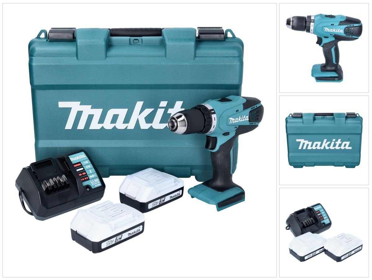 Makita Säulenbohrmaschine Makita DF 457 DWE Akku Bohrschrauber 18 V 42 Nm G-Serie + 2x Akku 1,5 Ah + Ladegerät + Koffer