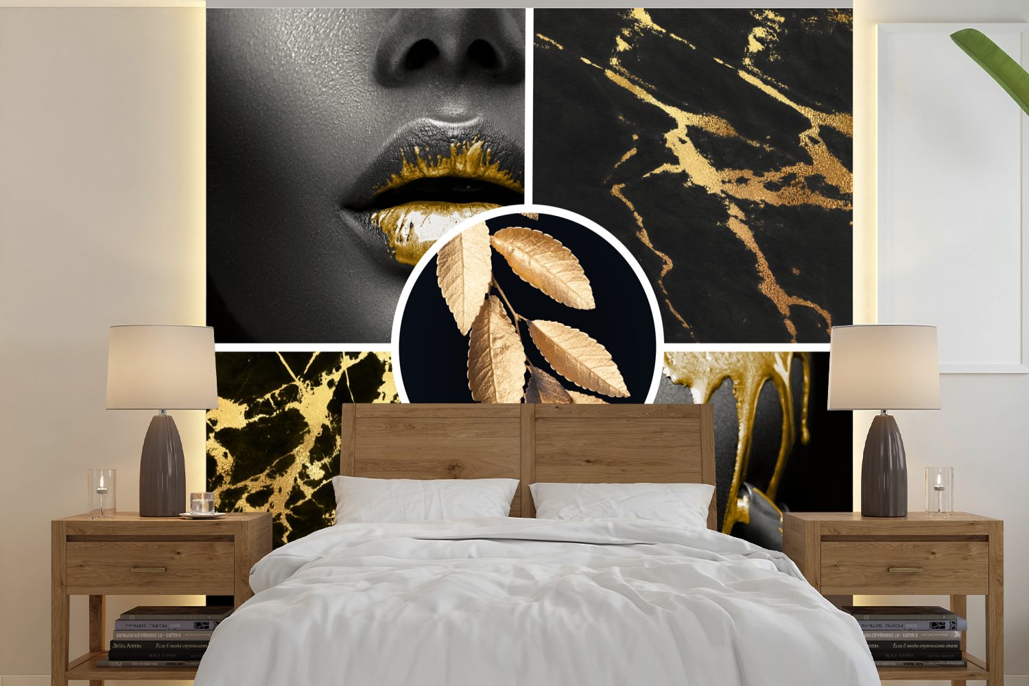 MuchoWow Fototapete Collage - Farbe - Gold - Marmor, Matt, bedruckt, (5 St), Vinyl Tapete für Wohnzimmer oder Schlafzimmer, Wandtapete