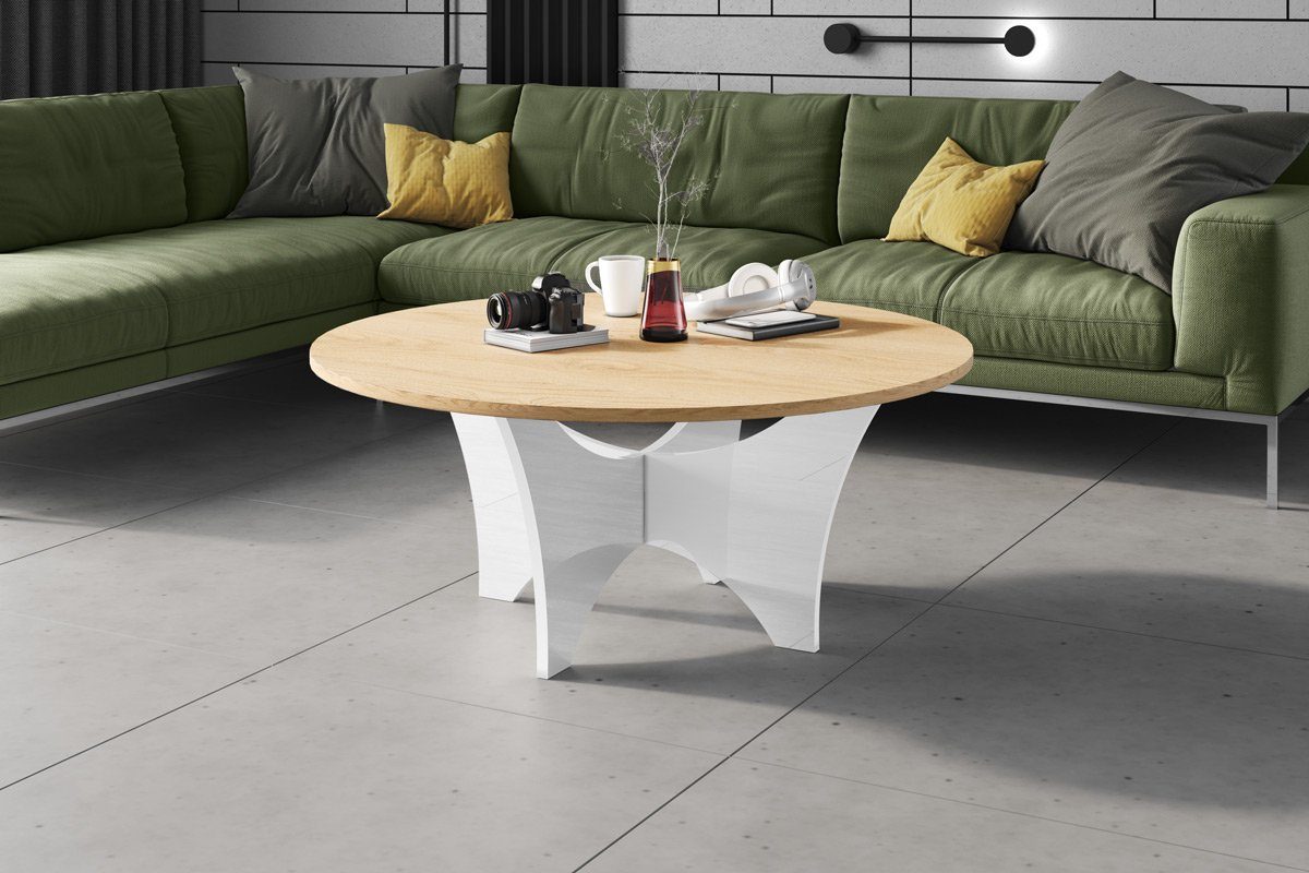 designimpex Couchtisch Design HRA-111 Hochglanz Wohnzimmertisch Rund Tisch 100 cm x 40 cm Eiche Natur - Weiß Hochglanz