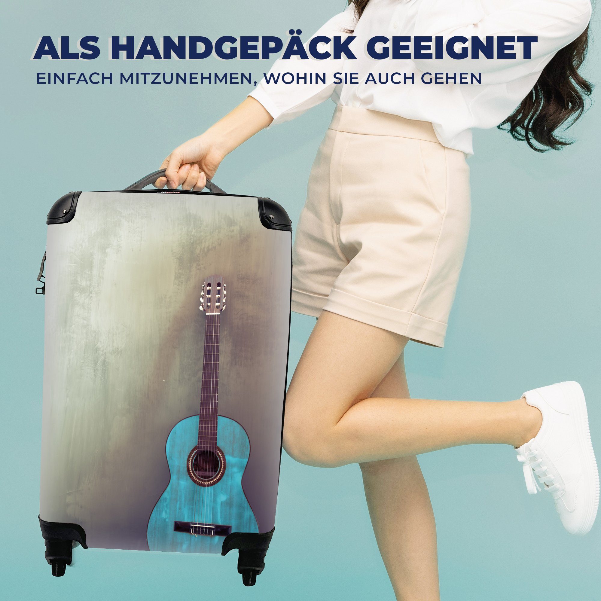 einer Betonwand, mit einem rollen, Gitarre MuchoWow Ferien, Farbige mit für in Reisetasche Handgepäck akustische Rollen, 4 Reisekoffer Raum Handgepäckkoffer Trolley,