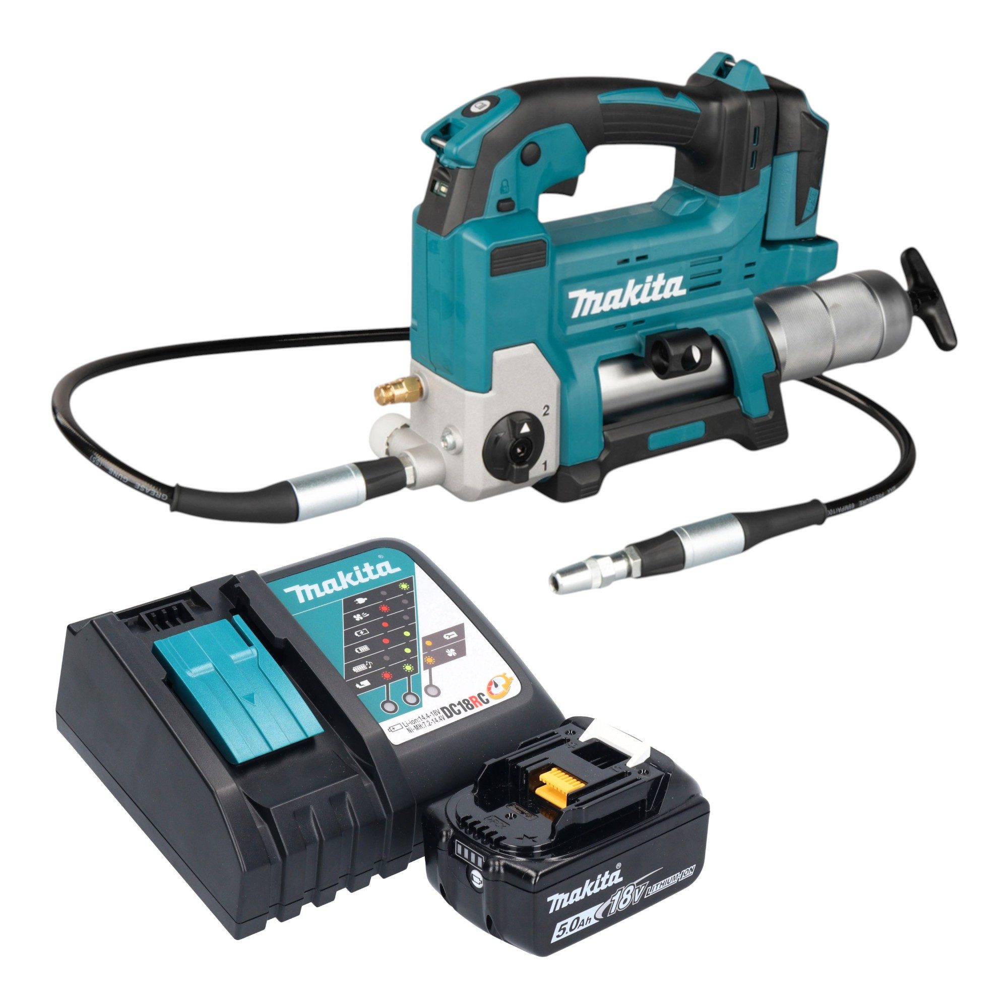 Makita Werkstattpresse DGP 180 RT1 Akku Fettpresse 18 V 690 bar + 1x Akku 5,0 Ah + Ladegerät