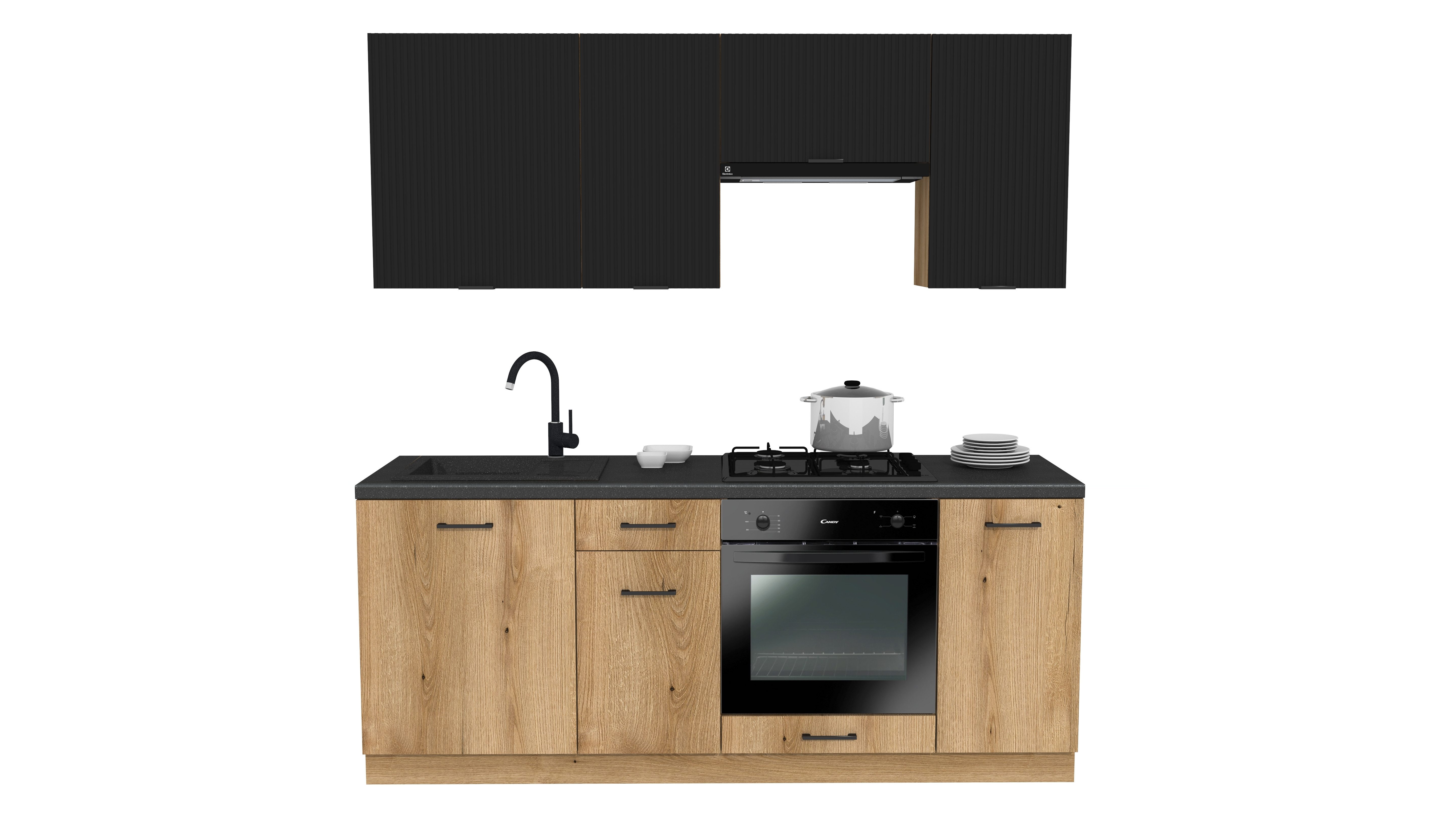 ROYAL24_MARKT Küchenzeile - SIMPLY Z9 200 cm - Schwarz Rille / Eiche, (Komplett Set), Zeitlos - Exklusiv - Top Qualität