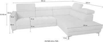 alina Ecksofa Bahira, Inkl. Rückenlehnen- und Sitztiefenverstellung, Breite 306 cm