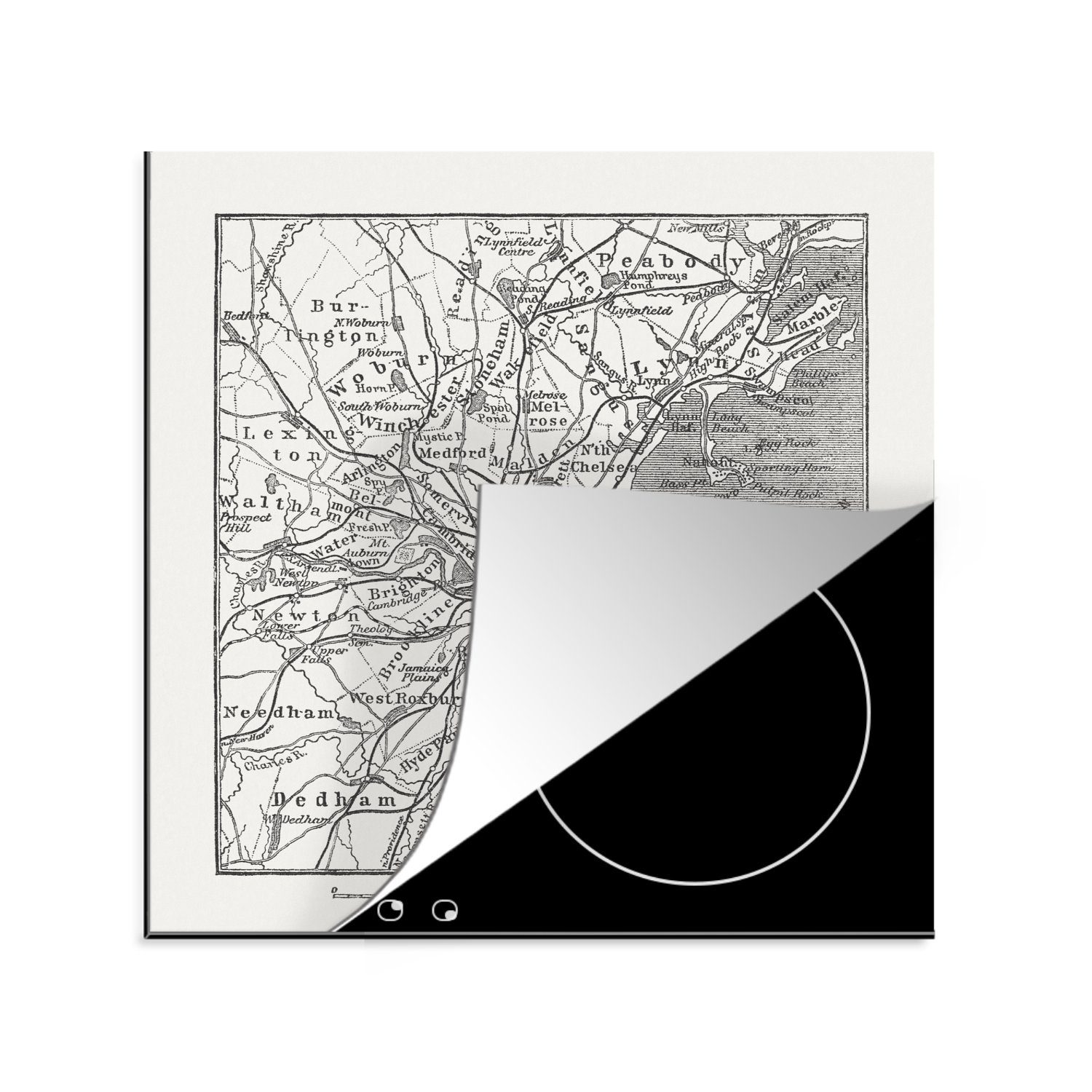 MuchoWow Herdblende-/Abdeckplatte Schwarz-weiße Illustration einer Karte von Boston, Vinyl, (1 tlg), 78x78 cm, Ceranfeldabdeckung, Arbeitsplatte für küche