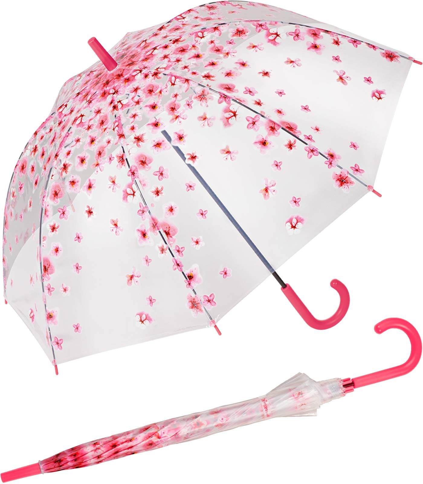 HAPPY RAIN Langregenschirm durchsichtiger, stabiler pinkfarbenen Blüten bedruckt mit Damen-Transparentschirm