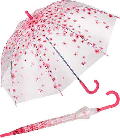 HAPPY RAIN Langregenschirm durchsichtiger, stabiler Damen-Transparentschirm, bedruckt mit pinkfarbenen Blüten