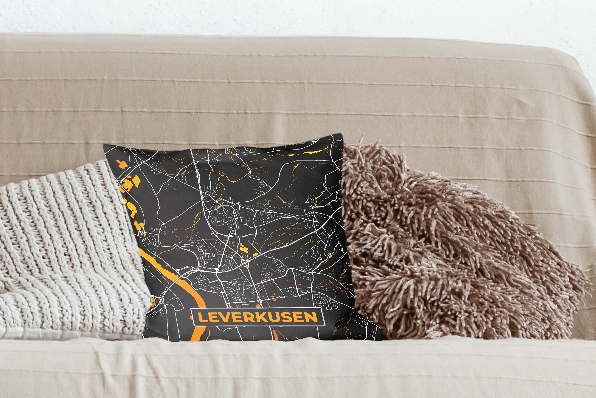 Karte, Füllung Sofakissen - für Deutschland Zierkissen Gold - Stadtplan Schlafzimmer, Dekokissen Leverkusen - Wohzimmer, - mit MuchoWow Deko,