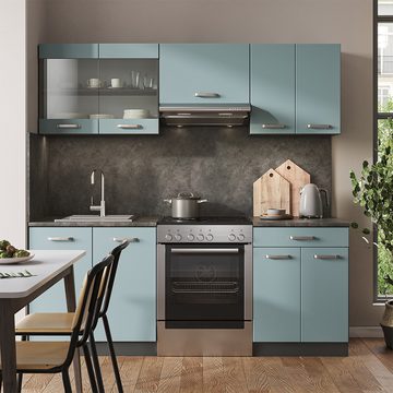 Livinity® Küchenzeile R-Line, Blau-Grau/Anthrazit, 200 cm, AP Eiche