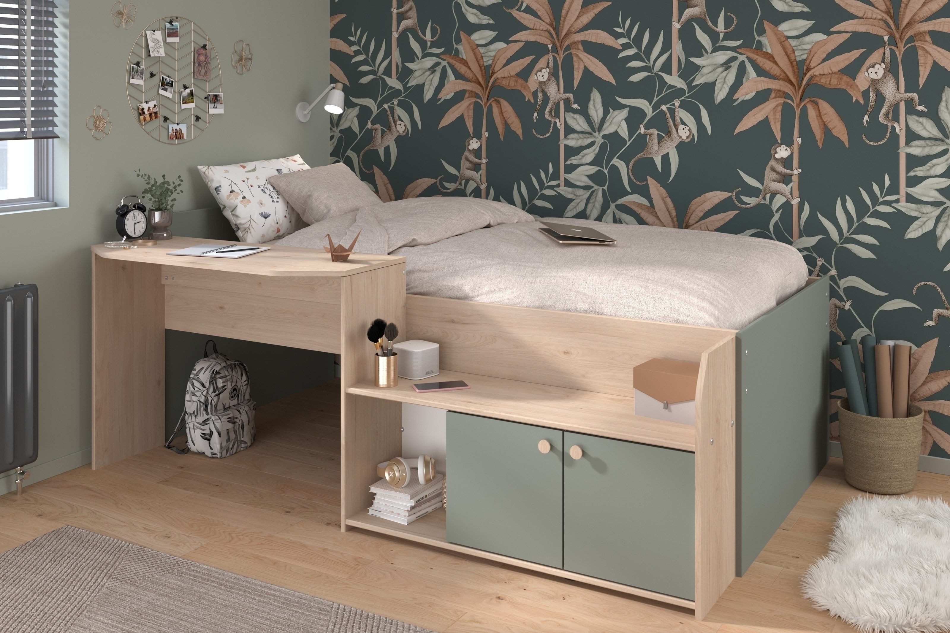 Parisot Hochbett Jade Liegefläche 90x200cm, Grün - Eiche Dekor - 203x136x79 günstig online kaufen