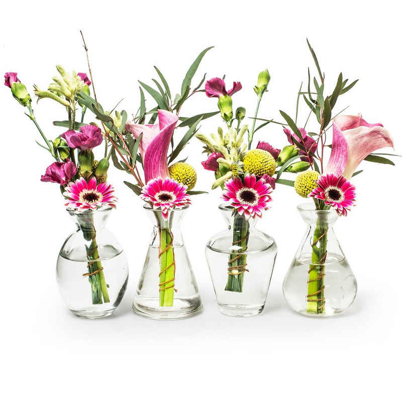 Annastore Dekovase 12 kleine Vasen aus Glas Vintage Blumenvasen Tischvasen Glasvasen (H 13,5 cm - Ø 6,5 cm), Dekoflaschen, Glasflaschen, Glasfläschchen, Deko-Flaschen