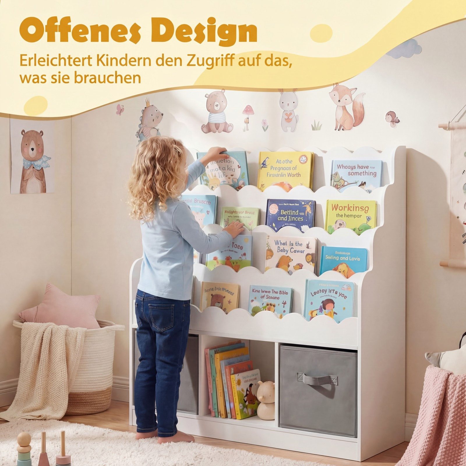 COSTWAY Kinderregal, Mit 4 Ablage, 1 offenem Fach & 2 ausziehbare Stoffschubladen