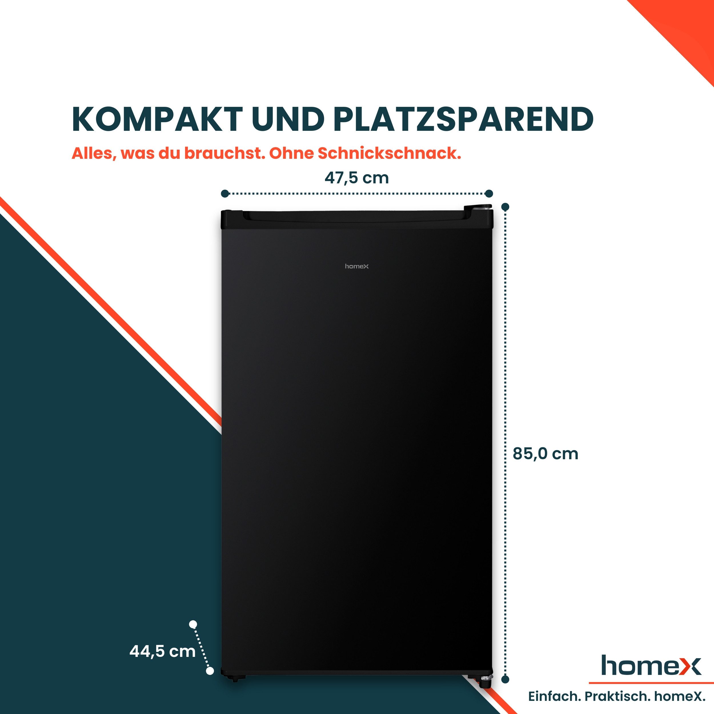 homeX Kühlschrank CS0881-B, 85 cm hoch, 47.5 cm breit, 90 Liter, Vollraumkühlschrank ohne Gefrierfach, klein, freistehend