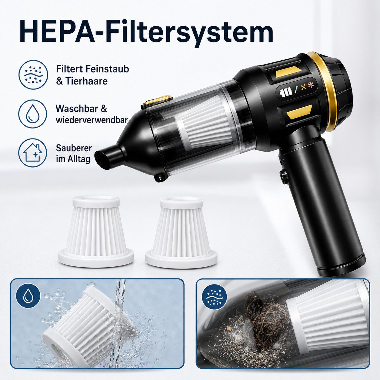 Goldstern-Tech Akku-Handstaubsauger PowerVac, 100 W, Staubbehälter (beutellos 0,4 l), leicht & kompakt, kabellose, variable Saugleistung & USB-Ladefunktion