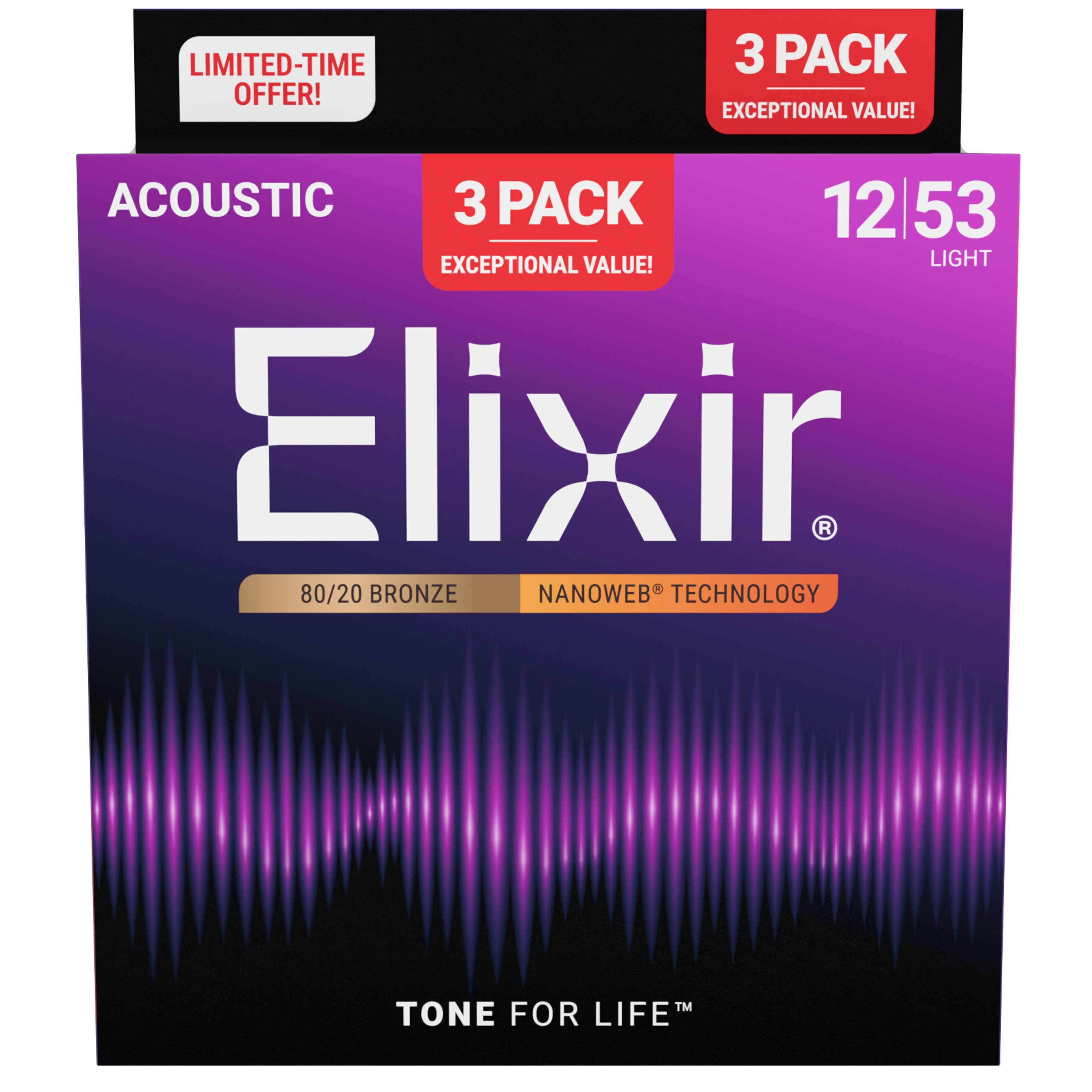 Elixir Струны, 16565 Nanoweb Acoustic Bronze 12-53 - 3 Pack - Westerngitarrensaiten