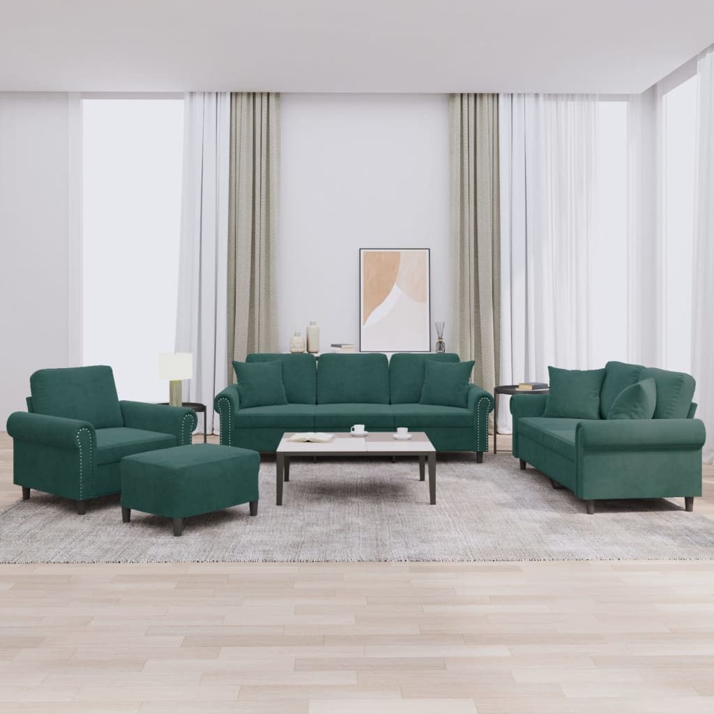 vidaXL Sofa, 4-tlg. Sofagarnitur mit Kissen Dunkelgrün Samt