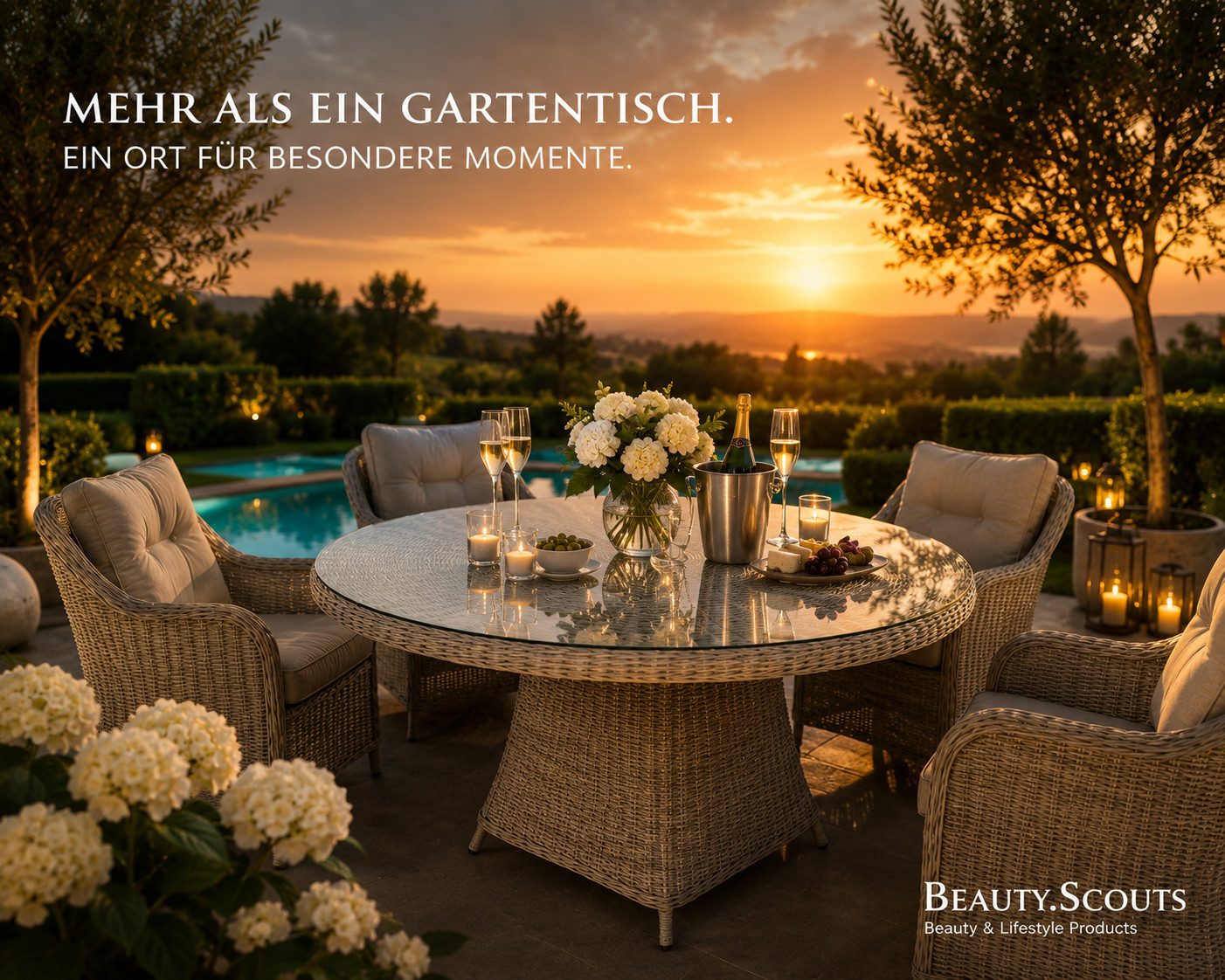 Beauty.Scouts Gartentisch Gartentisch Honey Ø120 cm rund Polyrattan Glas, 6 Personen, UV-beständiger Gartentisch Ø120 cm, Polyrattan, Glas, outdoor