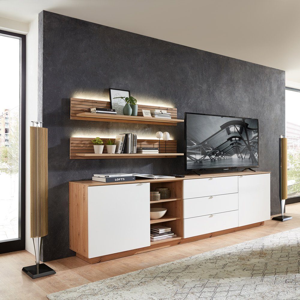 Lomadox Wohnwand CUST-36, (3-St., 3-tlg), Fernsehschrank mit weiß mit 2 240 Set cm, Eiche Wohnwand, Wandboards