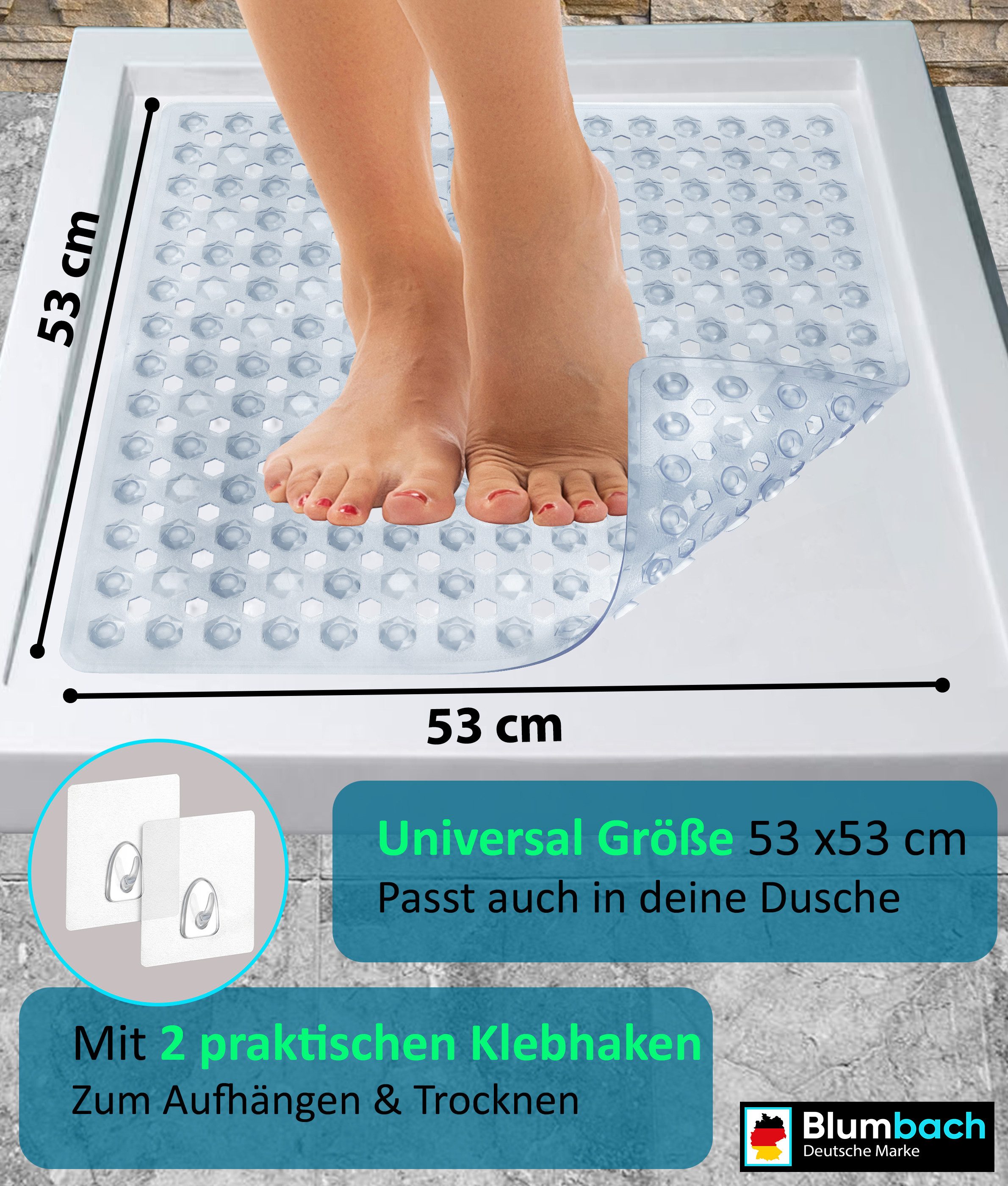 Blumbach Duschmatte - griffige Antirutschmatte Diamant 53 x 53 cm, - 100% BPA-frei, inkl. 2 Haken zum Aufhängen, Duscheinlage, schimmelressisten & maschinenwasc – Bild 3 von 5