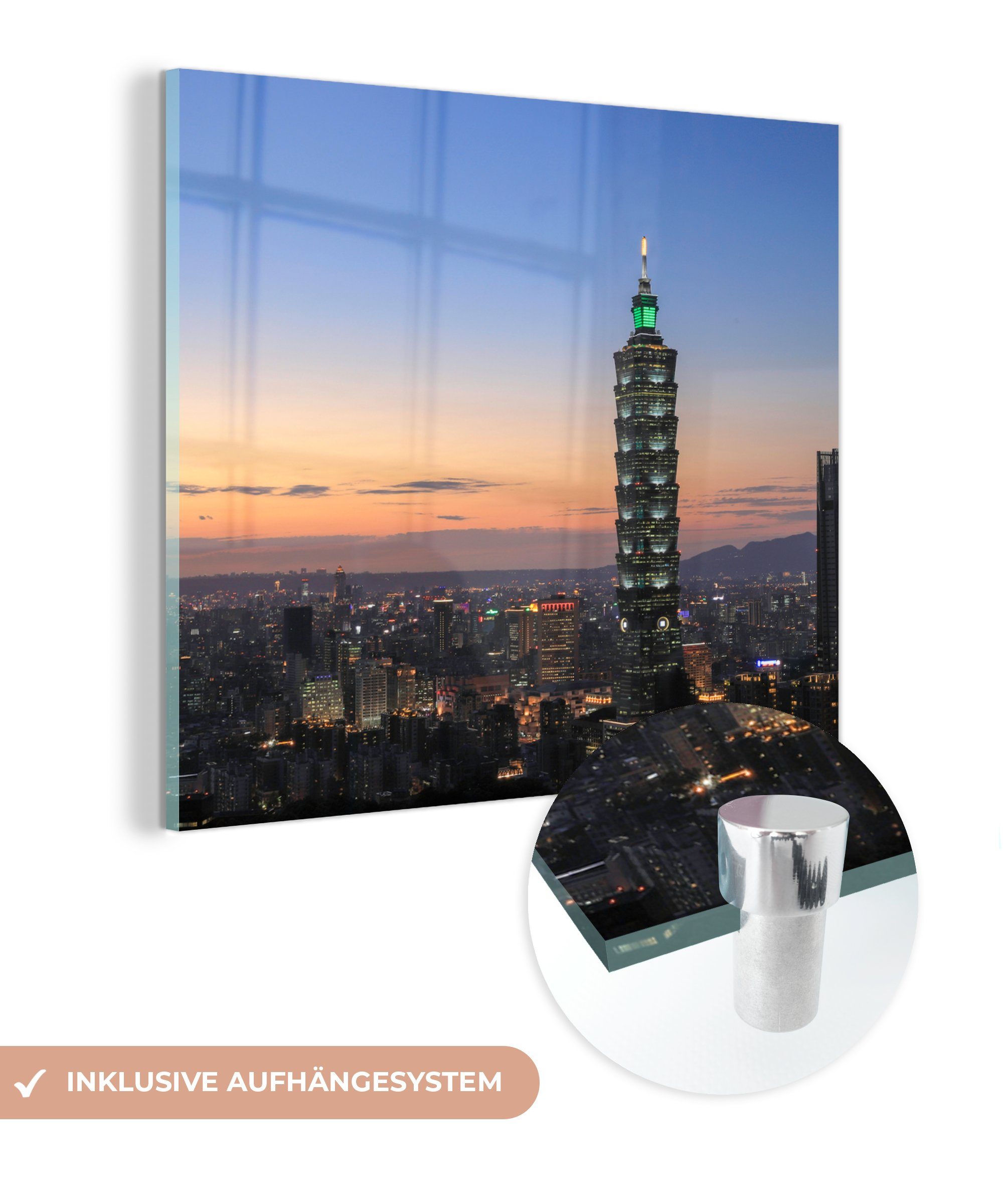 MuchoWow Acrylglasbild Bunter Himmel über dem Taipei 101 in Taiwan am Abend, (1 St), Glasbilder - Bilder auf Glas Wandbild - Foto auf Glas - Wanddekoration