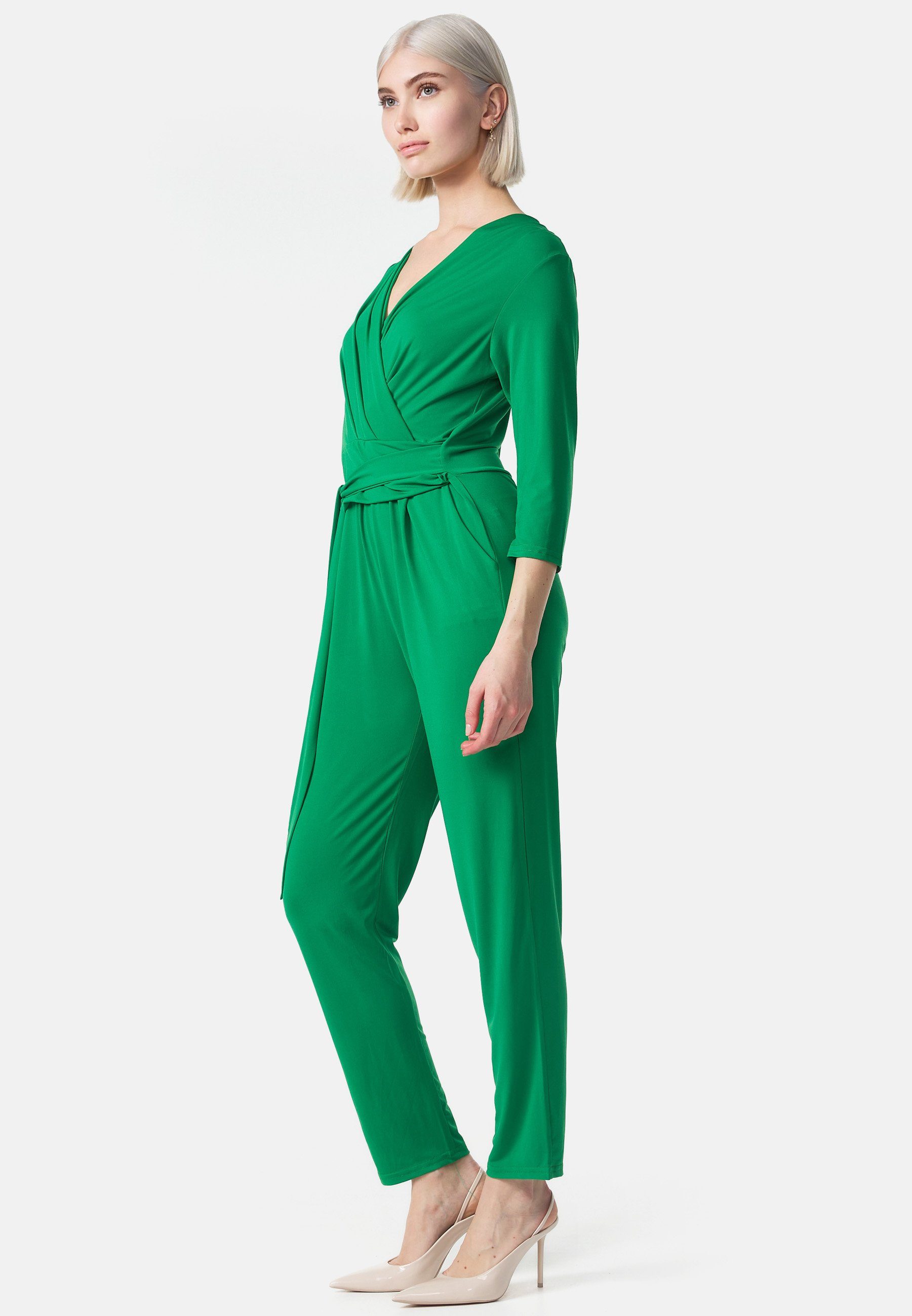 (Business SELECTED 3/4 PM Ärmel PM-35 Overall Jumpsuit Wickeloptik Bindegürtel Einheitsgröße) mit Grün