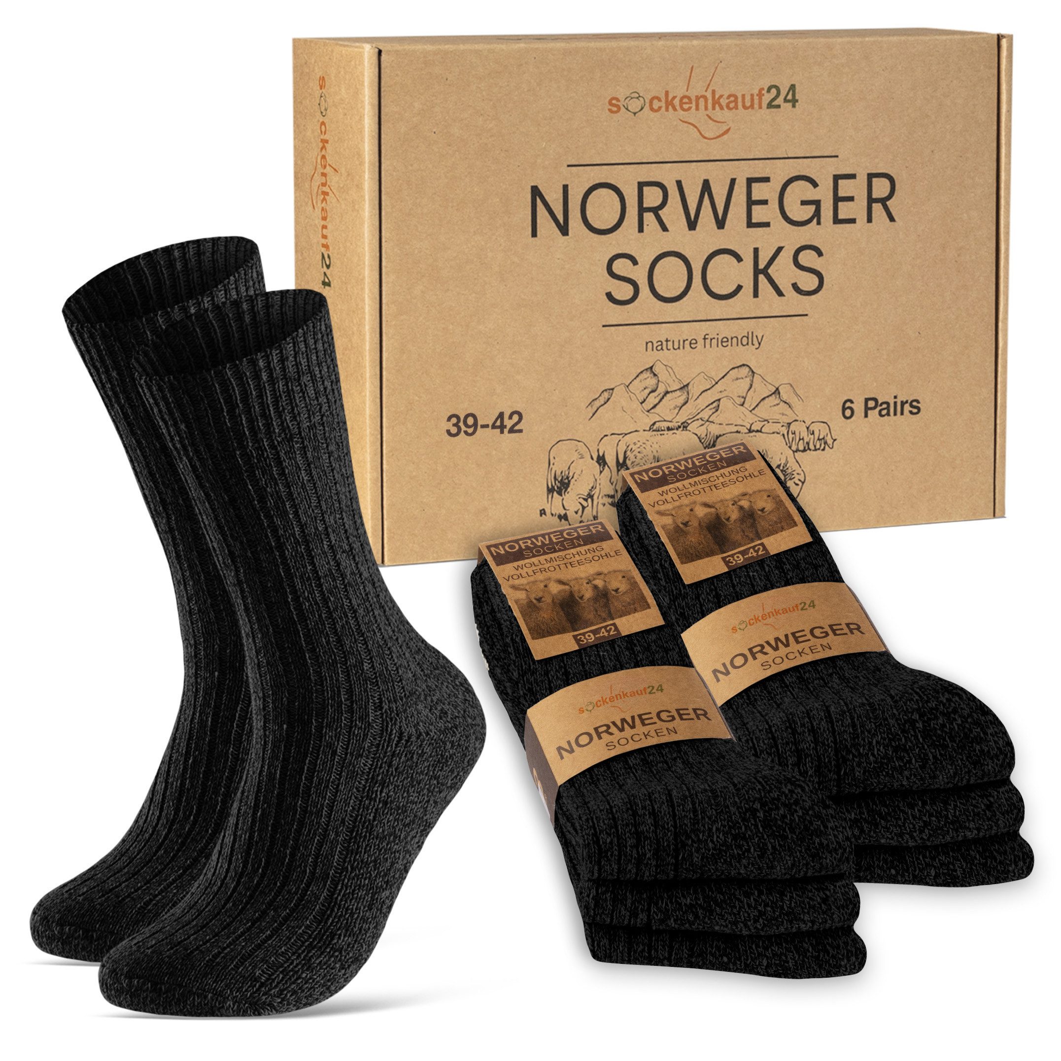 sockenkauf24 Norwegersocken 6 Paar Damen & Herren Socken mit wärmender Wolle Exclusive Wintersocken Schwarz Grau Anthrazit - 70301