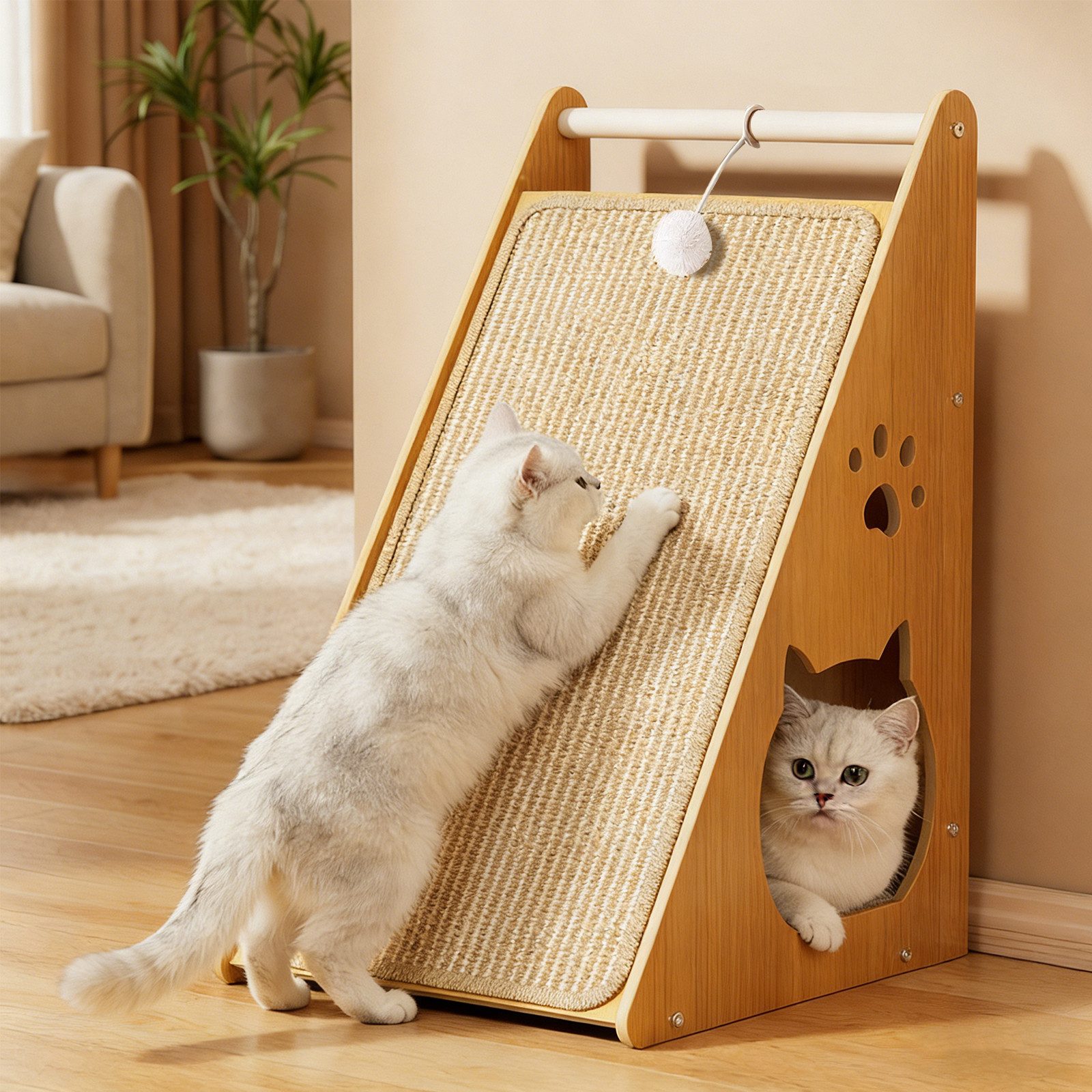 BlingBin Kratzbrett Vielseitiges Katzen Kratzbrett aus massivem Buchenholz mit Sisalstamm, (1er Set, 1-tlg., 29L x 37B x 57H cm), Kratzpappe für Katzen, ideal als Kratzbrett Wand oder Kratzmöbel Katze