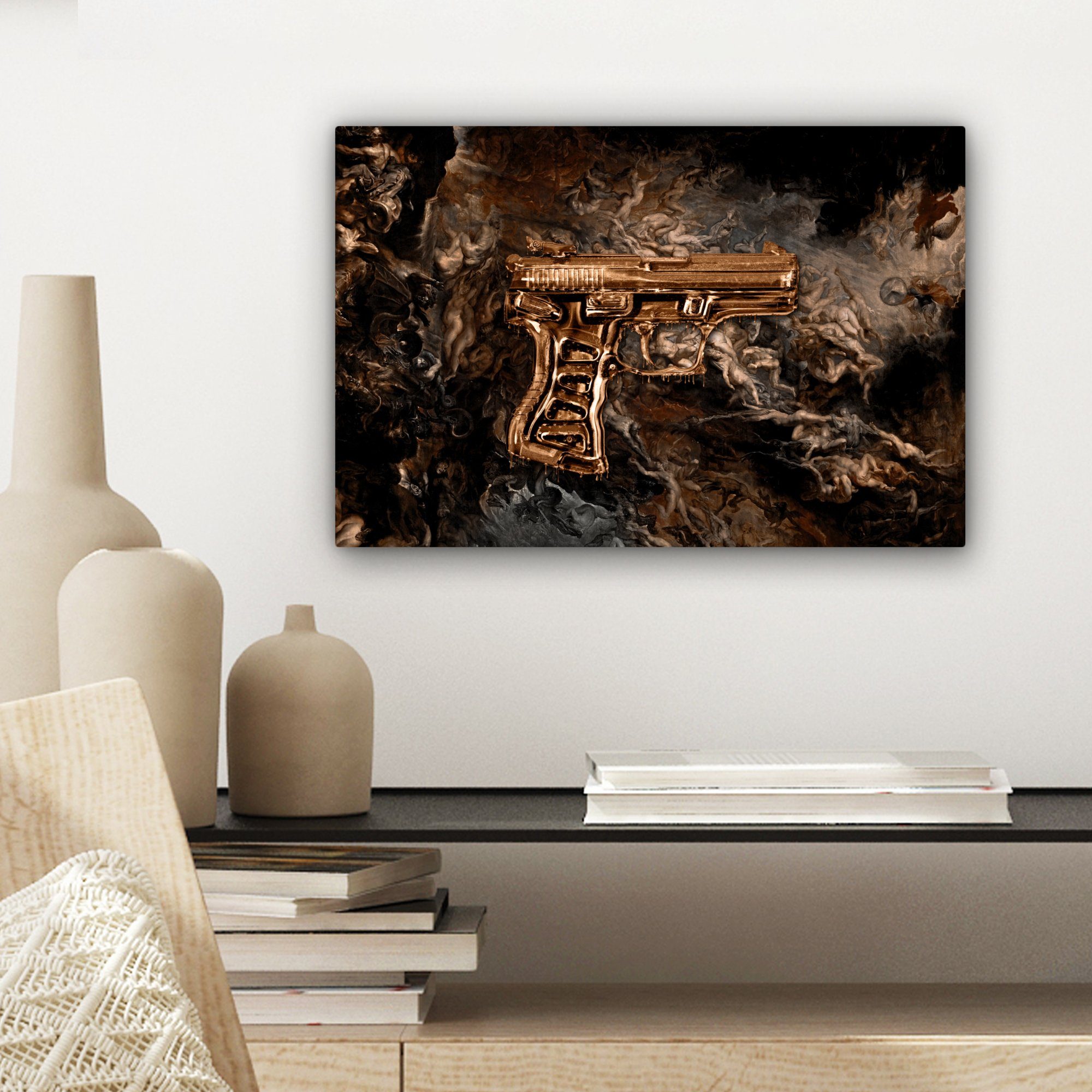 OneMillionCanvasses® Leinwandbild Pistole - St), Leinwandbilder, - cm (1 30x20 Rauch, Aufhängefertig, Wanddeko, Gold Wandbild