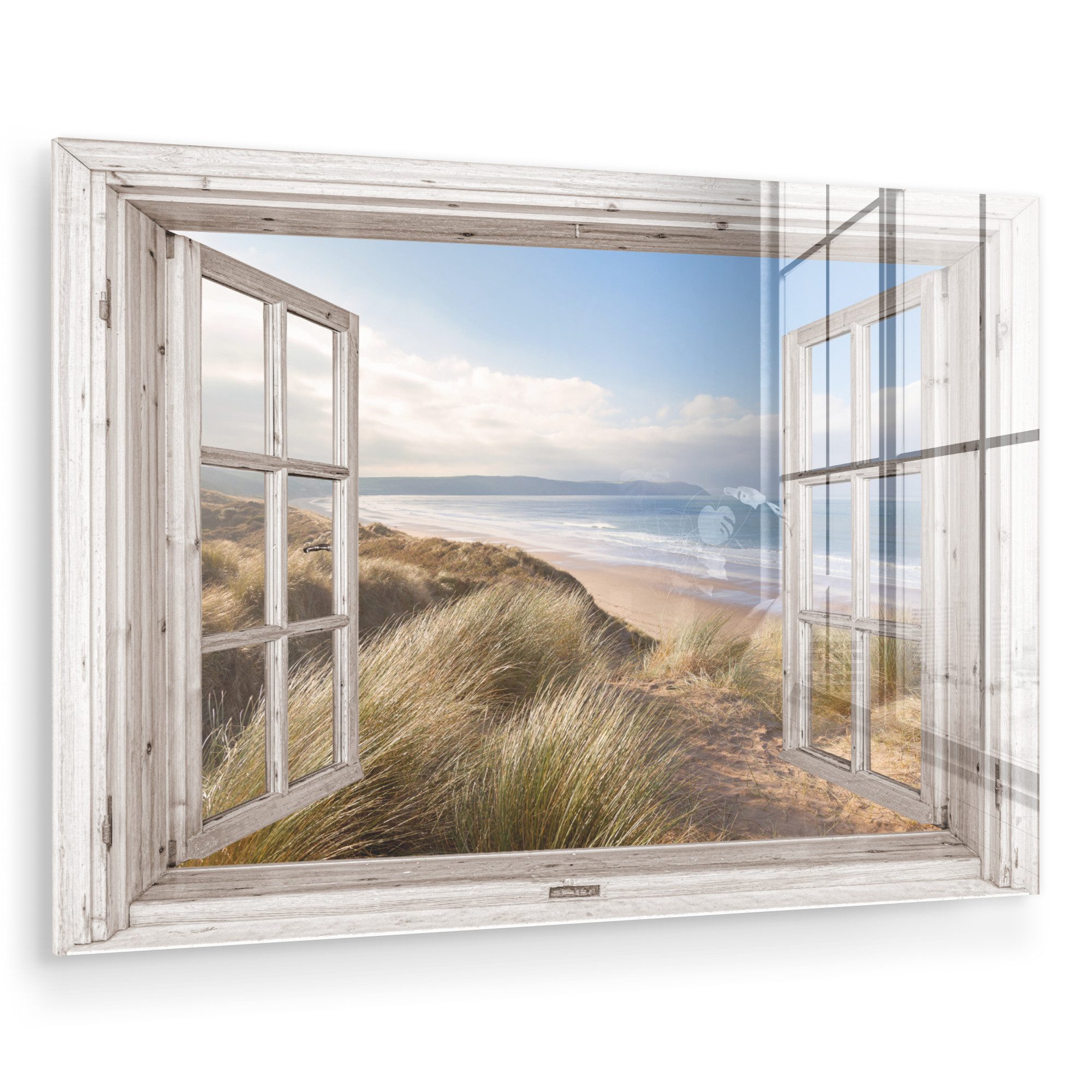 MuchoWow Acrylglasbild Durchblick - Strand - Meer - Dünen - Strandgras - Sand - Blau, Inkl. Aufhängung, Glasbilder Wohnzimmer, Schlafzimmer, Flur & Esszimmer, 30x20 cm