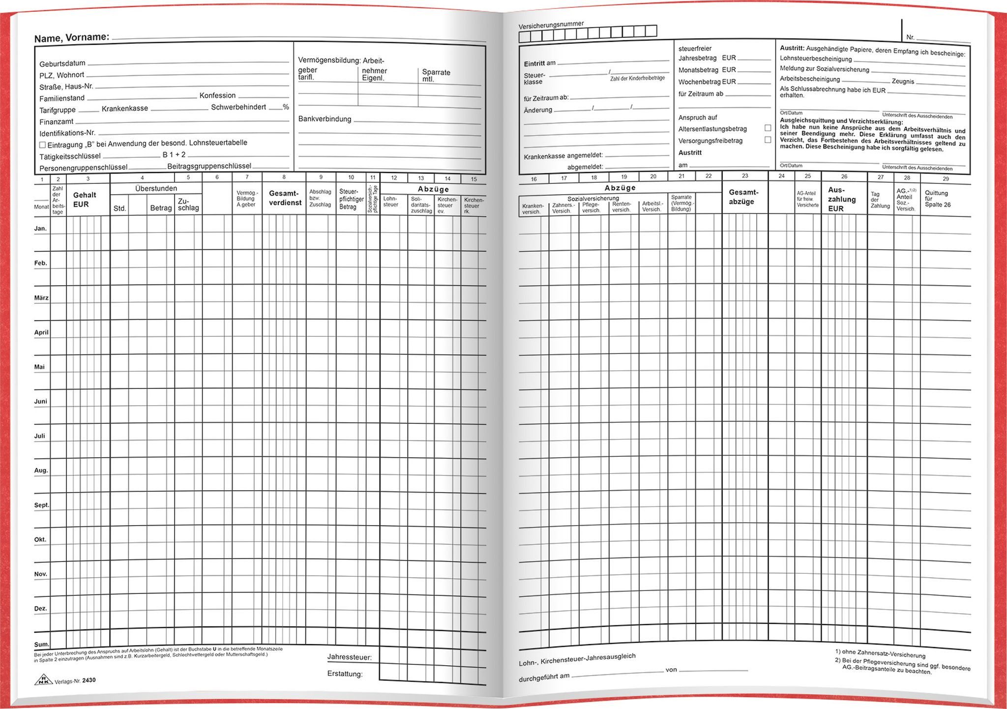 RNK Formularblock RNK Gehaltskontobuch A4 10Bl 1 Doppelseite 1Person 1Jahr