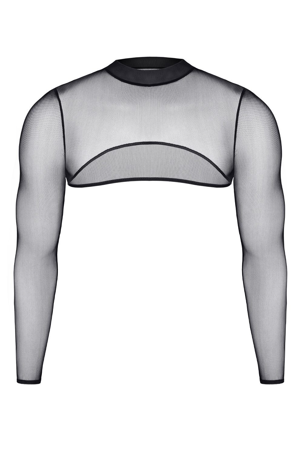 Regnes Fetish Planet Crop-Top Herren Crop Top schwarz mit langen Ärmeln aus elastischem Tüll transpa