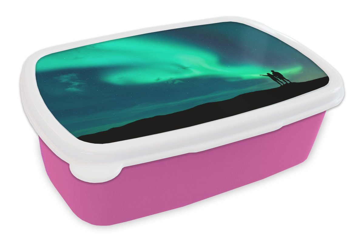 Lunchbox MuchoWow Schatten Kunststoff Kunststoff, Norwegen, (2-tlg), Mädchen, Nordlichter Brotdose rosa Brotbox Snackbox, Erwachsene, Kinder, für - -