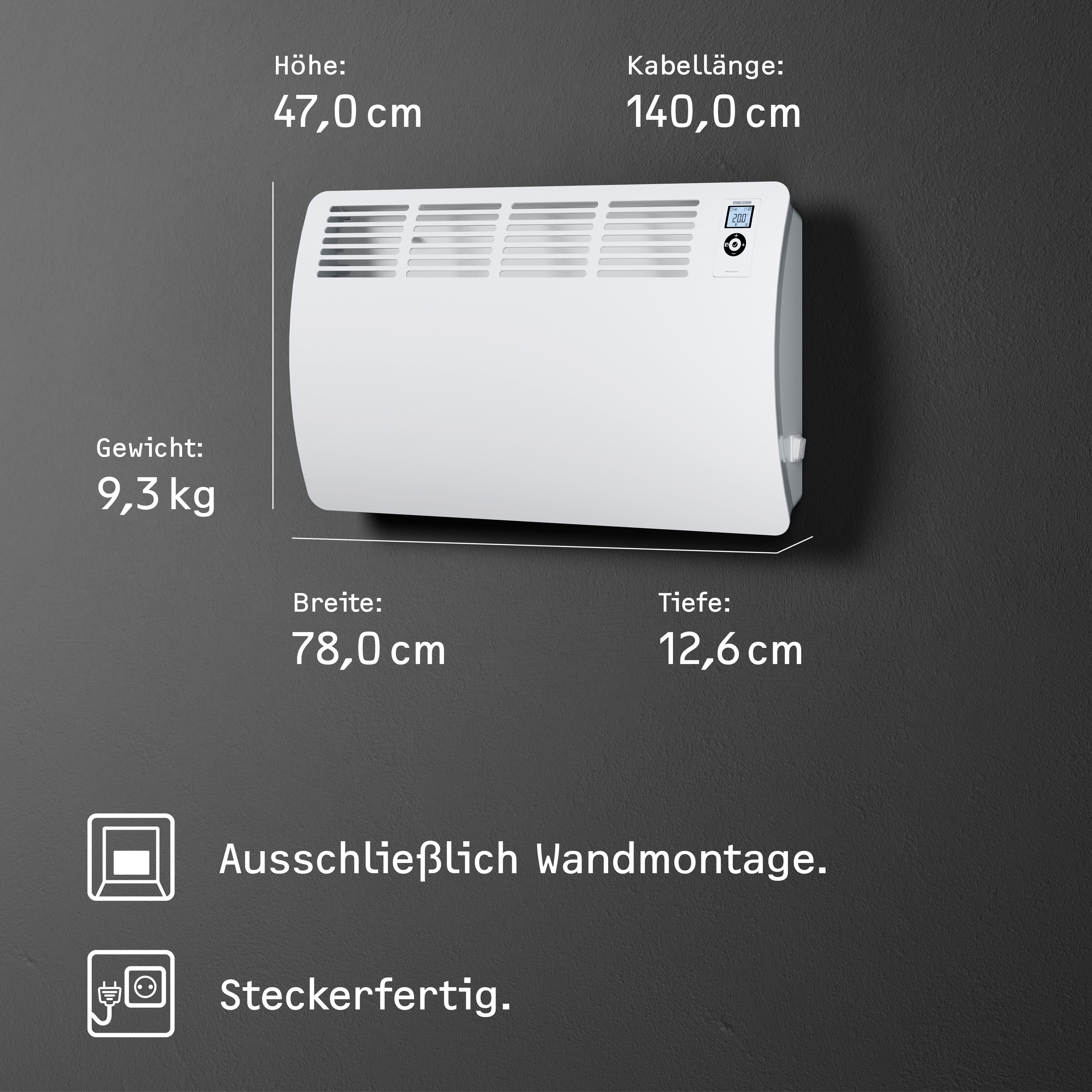 STIEBEL ELTRON Konvektor »CON 20 Premium«, Wandkonvektor, energiesparend, VDE geprüft, 2 kW, für ca. 25 m², LC-Display, Wochen-/120 Min-Kurzzeittimer, Silent Mode