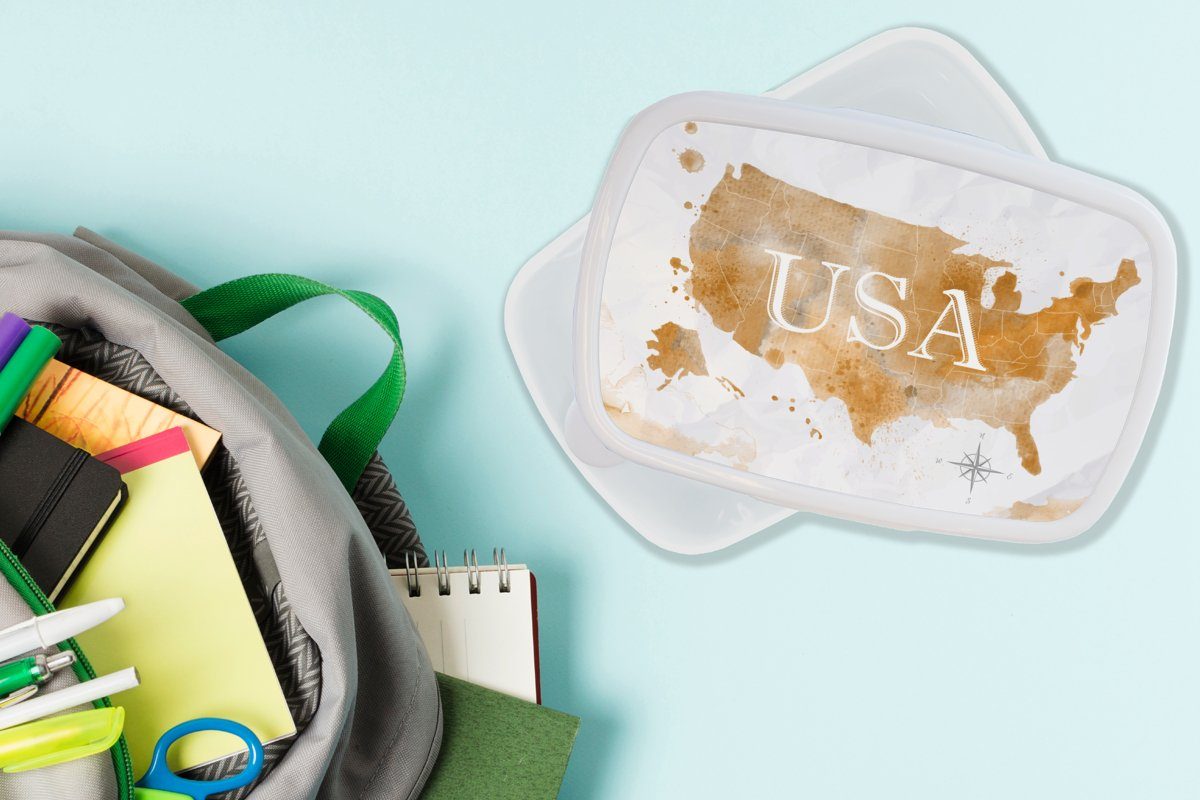 MuchoWow Lunchbox Karte Gold, - (2-tlg), Kinder Brotdose, Brotbox und - weiß Kunststoff, und für Mädchen Erwachsene, Jungs Amerika für